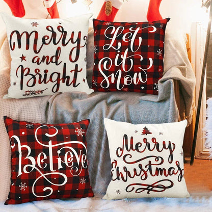 DecorX Christmas Pillow Covers 18x18 Set of 4 Farmhouse Black and Red Buffalo Check Plaid Throw Pillow Covers Outdoor Rustic Linen Pillow Case for Sofa Couch Christmas Decorations