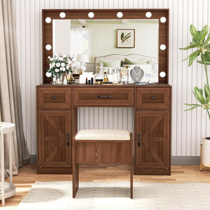 Vanity Table Set with Lighted Mirror,Makeup Dressing Table with 10 Light Bulbs and Touch Switch, 2 Large Drawers and Cushioned Stool for Women Girls Fit Bedroom, Bathroom (White)