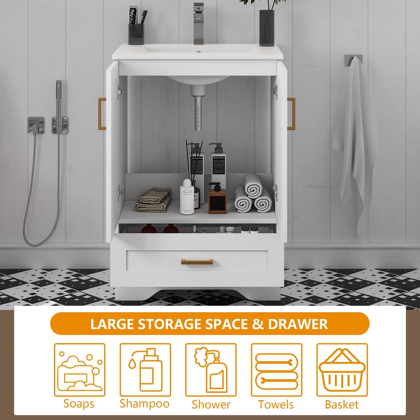 24" Bathroom Vanity with Ceramic Undermount Sink - Freestanding 2-Door & 1-Drawer Storage Cabinet, White