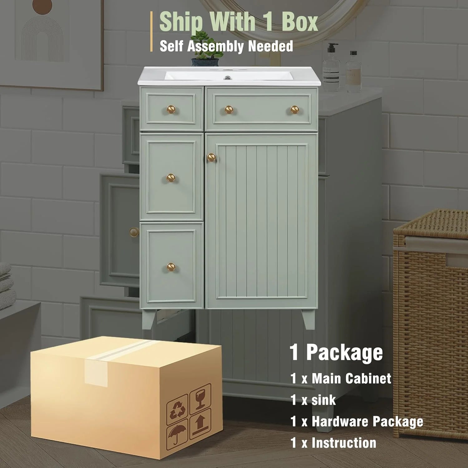 24-Inch Bathroom Vanity Cabinet with Ceramic Sink, 2 Drawers, 1 Door, Light Green