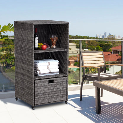 Kinbor Outdoor Pool Towel Rack, Waterproof PE Rattan Storage Cabinet Organizer with 2 Storage Shelves & 1 Bottom Drawer, Gray