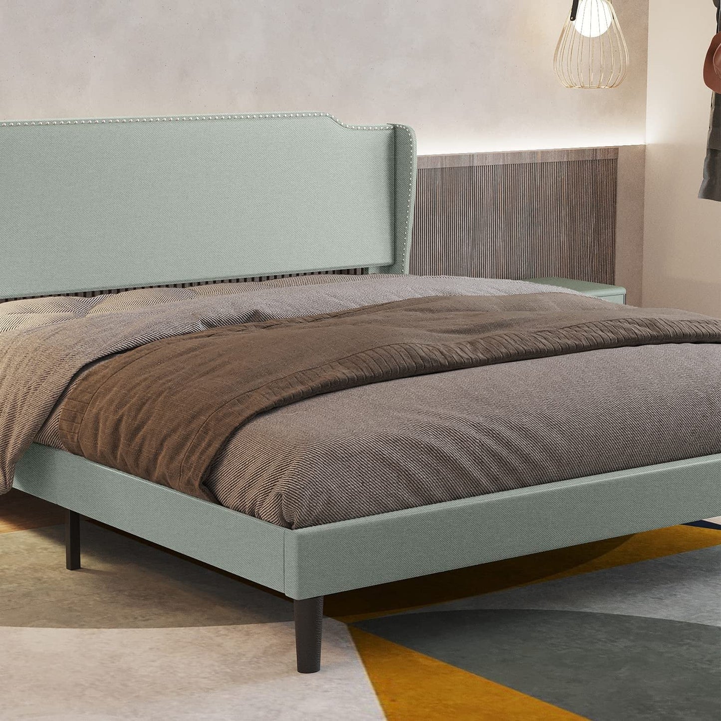 Bonsoir Queen Size Traditional Upholstered Low Profile Platform Bed Frame with Wing Back and Nail Trim Headboard/No Box Spring Needed/No Bed Skirt Needed/Soft Linen Fabric Upholstery/Light Green