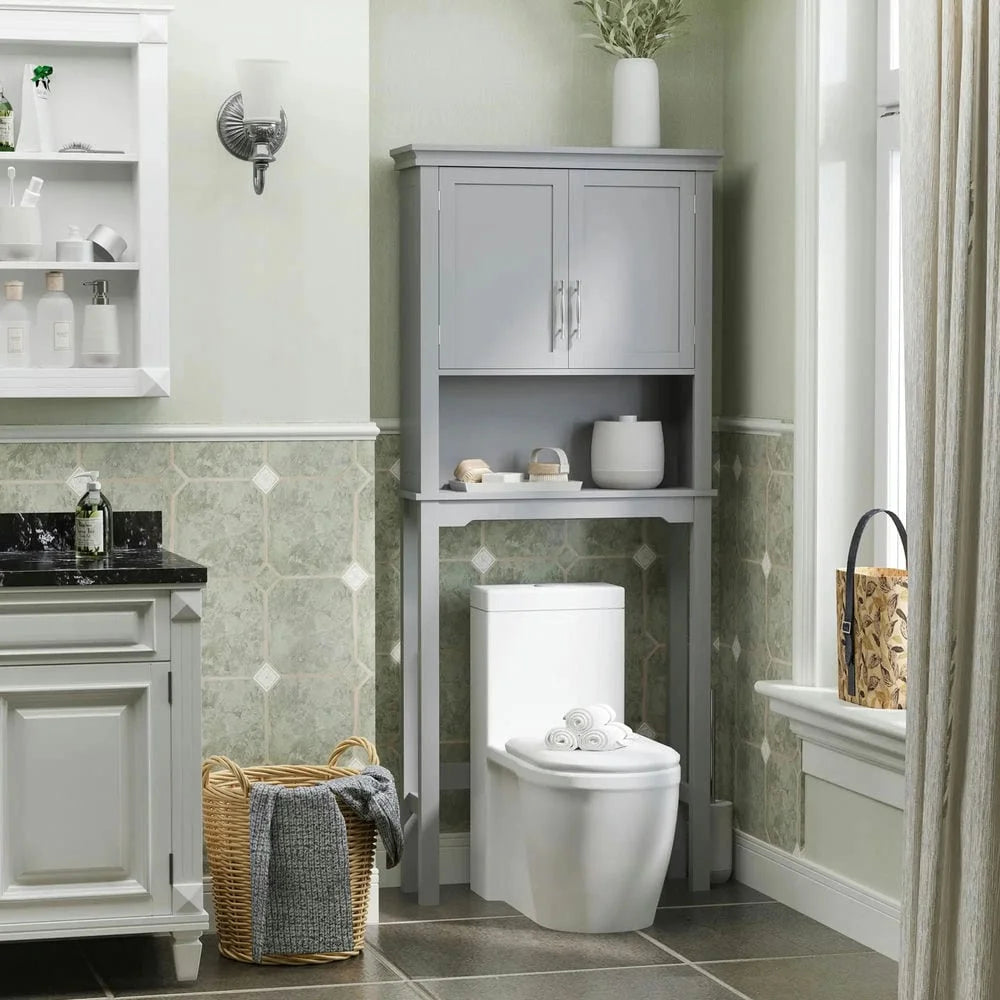 Kepooman Toilet Storage Cabinet, Toilet Organizer Cabinet,Modern Over The Toilet Storage Cabinet, Double Door Bathroom Organizer with Open Shelf, Grey
