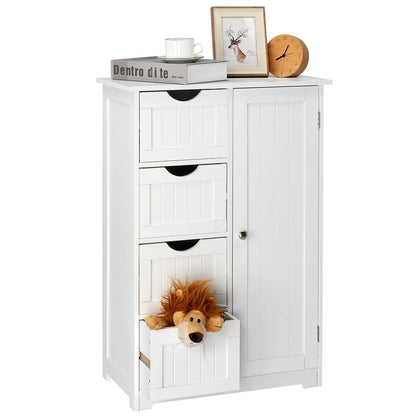 Ktaxon Wooden Bathroom Floor Cabinet,Side Storage Organizer Cabinet with 4 Drawers,1 Cupboard & 2-Shelves,MDF,White