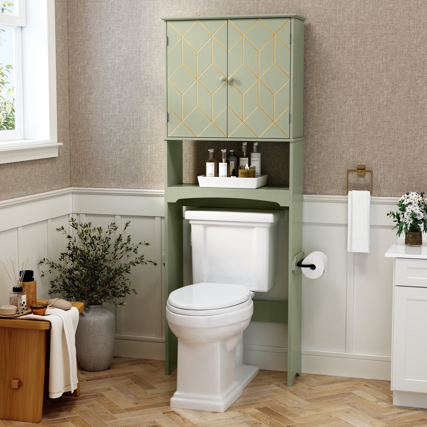 HLR Over The Toilet Storage Cabinet, Bathroom Above Toilet Storage Cabinet with Doors and Adjustable Shelves, Black