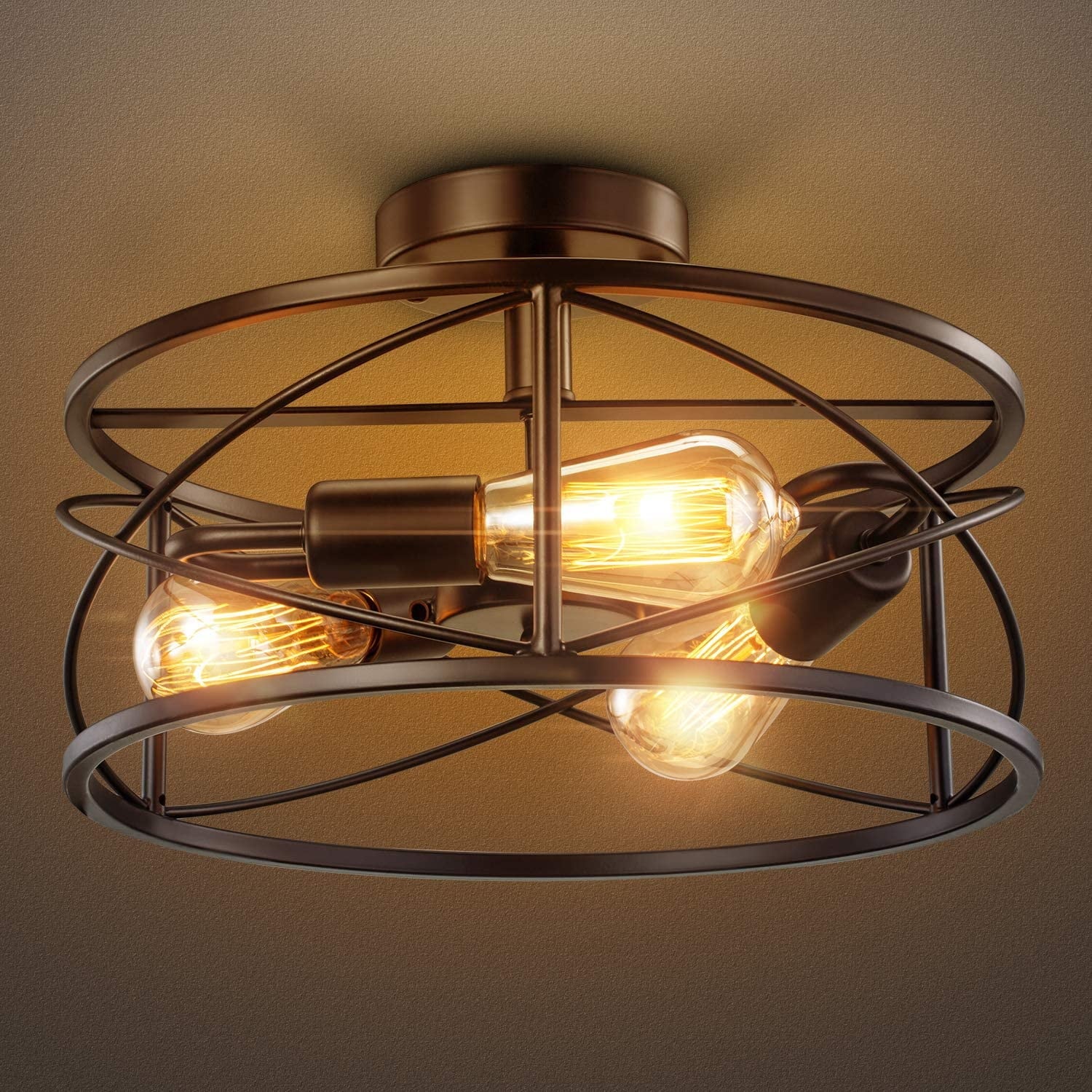 LOHASLED 3 Lights Black Vintage Retro Industrial Modern Farmhouse Lighting, Semi Flush Mount Ceiling Light Fixture with Metal Cage for Kitchen Bedroom Hallway Living Room Bathroom