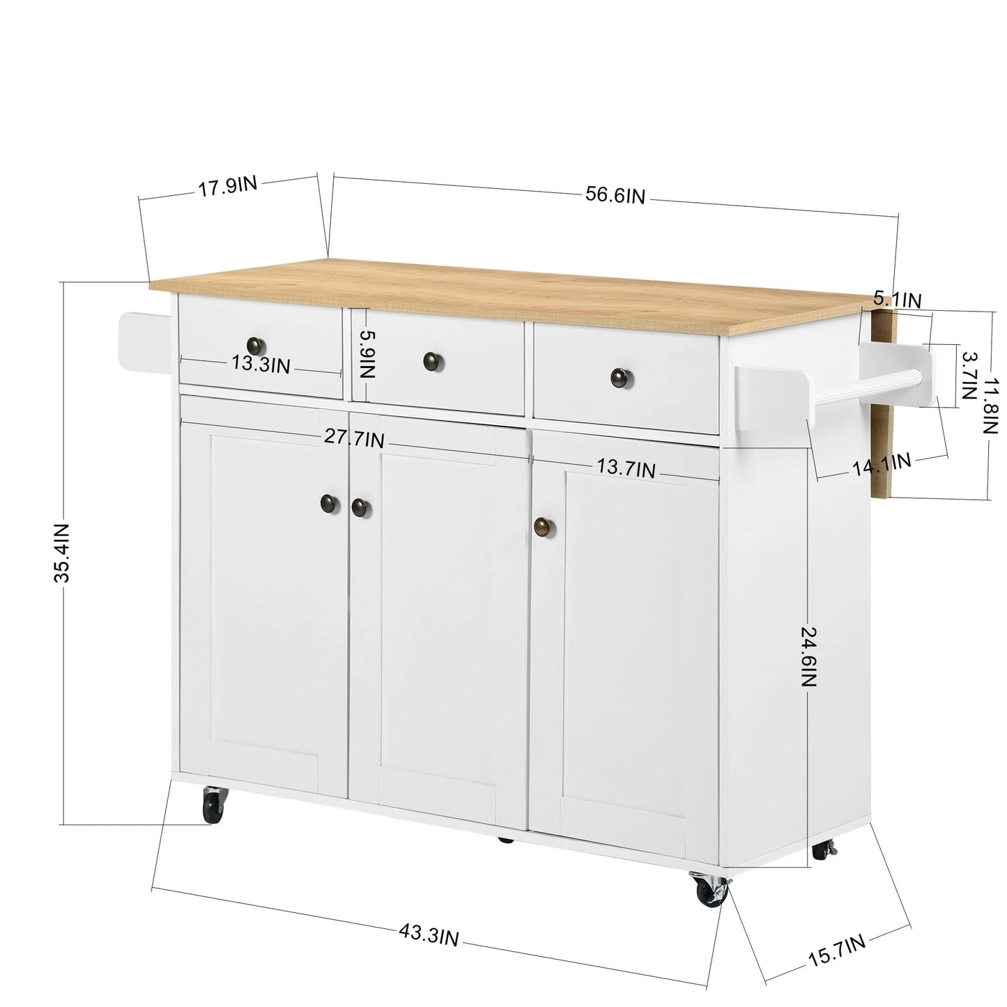 Homy Casa 56" Rolling Kitchen Island with Wood Top, Storage Cabinet, 3 Drawers, Towel Racks, White