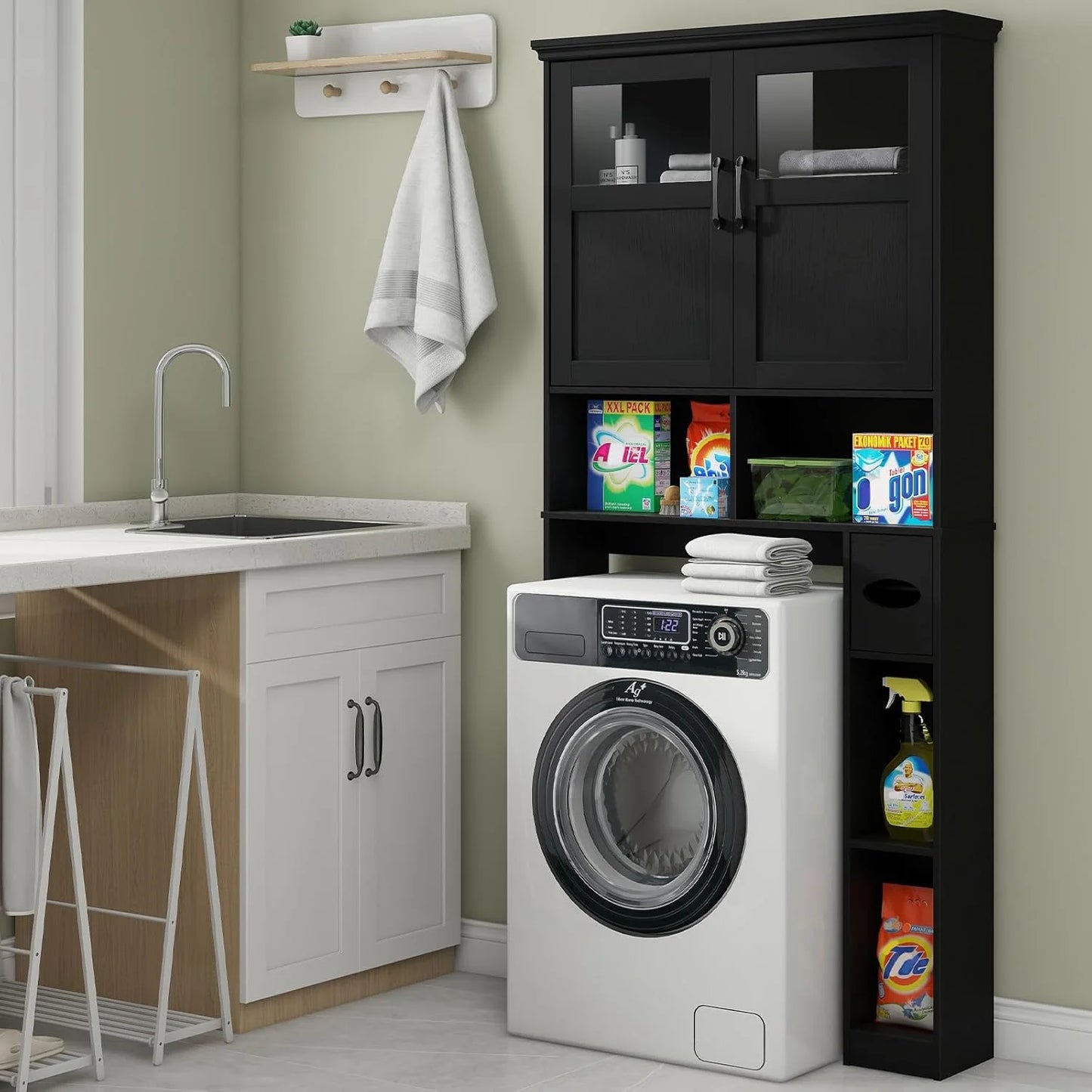Over The Toilet Storage Cabinet, Storage Cabinet Over Toilet with Double Doors & Toilet Paper Holder Stand, Freestanding Toilet Shelf Space Saver with Anti-Tip Design & Adjustable Shelf, Black