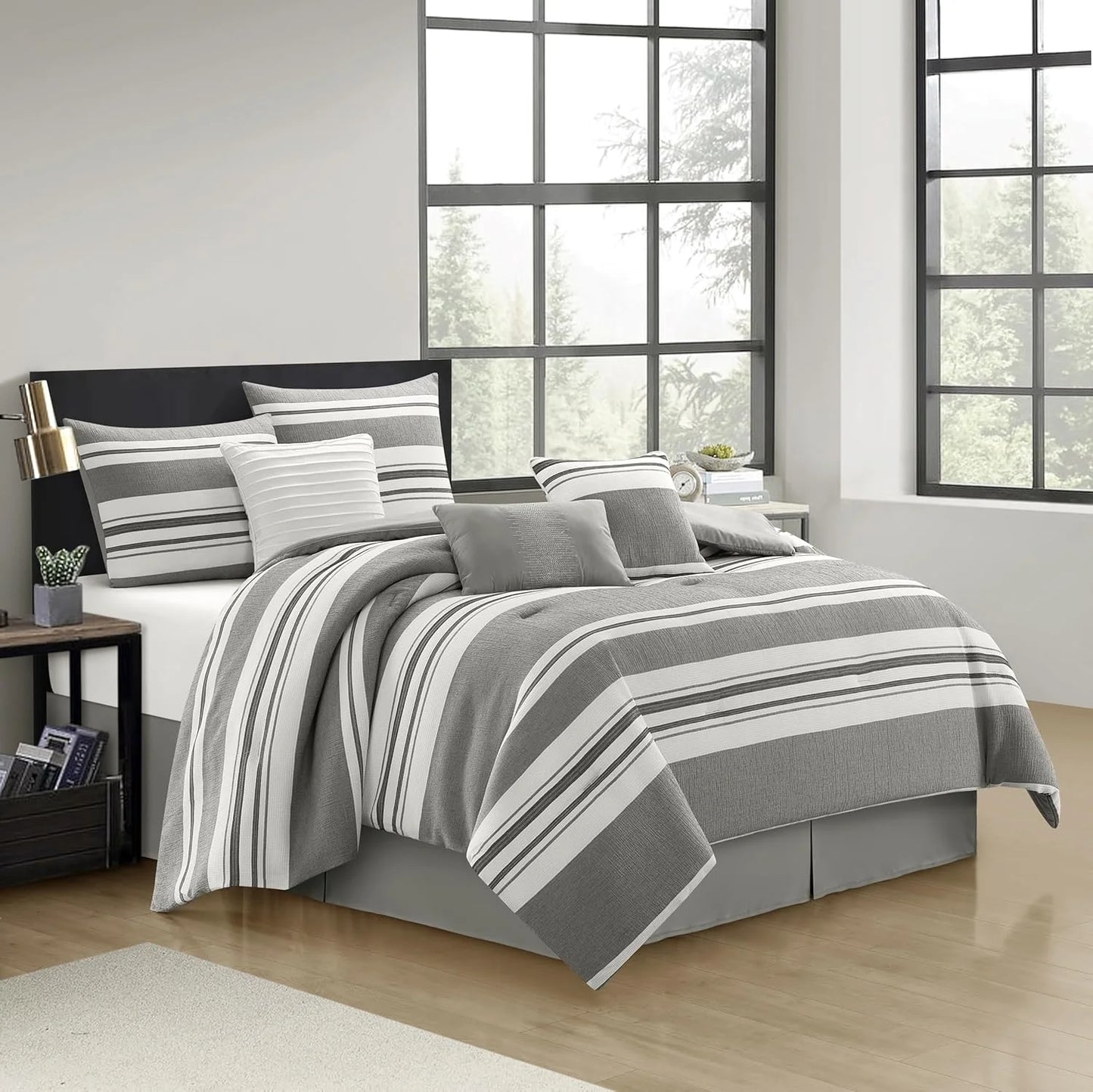 Grand Avenue White Grey Comforter Set California King Size, 7 Piece Geometric Jacquard Bedding Set, Matching Bedskirt, Pillows & Shams, Curtains