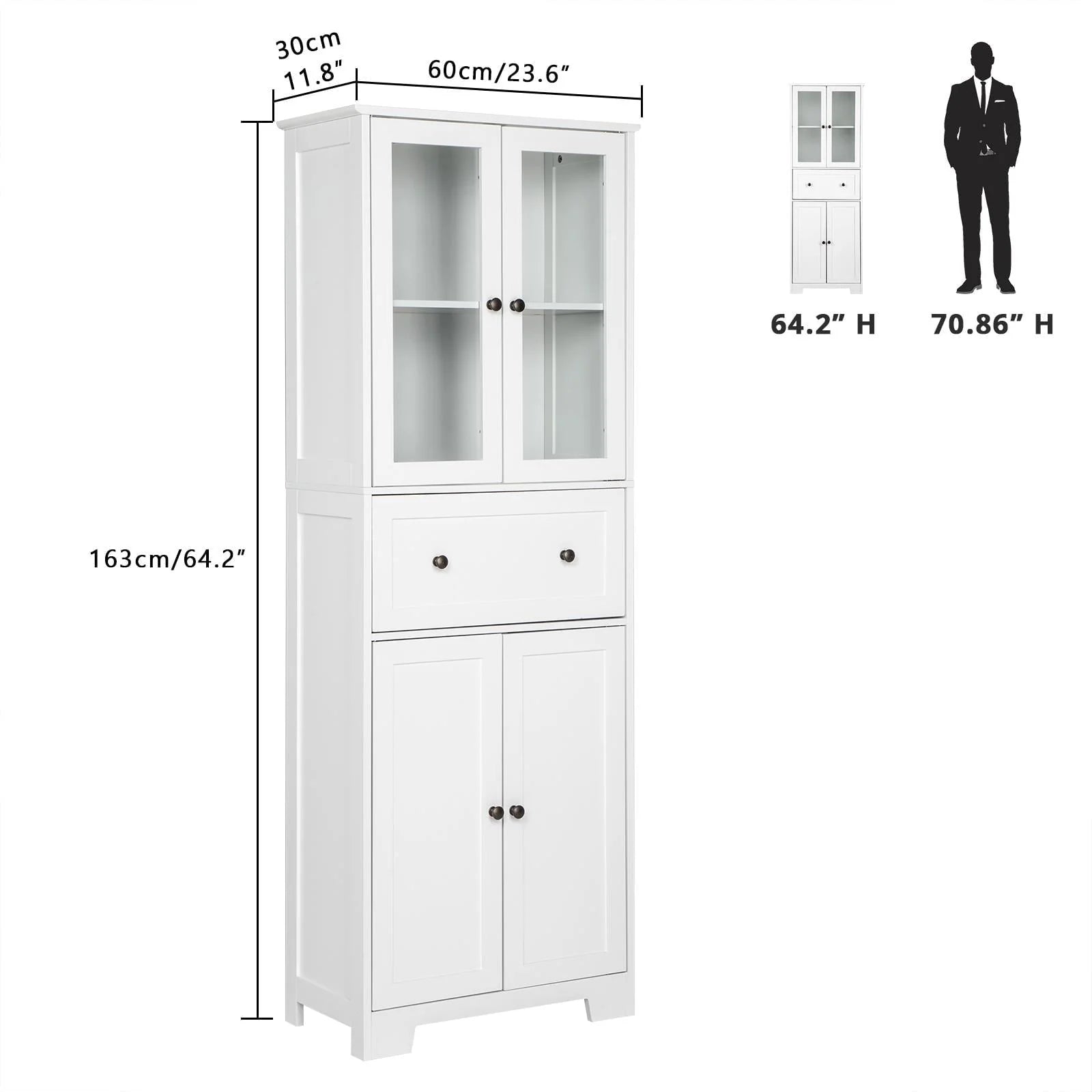 Ktaxon 64" Tall Bathroom Storage Cabinet Organizer, Freestanding Kitchen Pantry Cabinet Line Tower with 2 Glass Doors, Large Drawer & 4 Adjustable Shelves for Dining Room Living Room Home Office,White