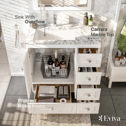 Eviva Happy 30" W x 18" D x 34" H White Bathroom Vanity with White Carrara Marble Counter-Top