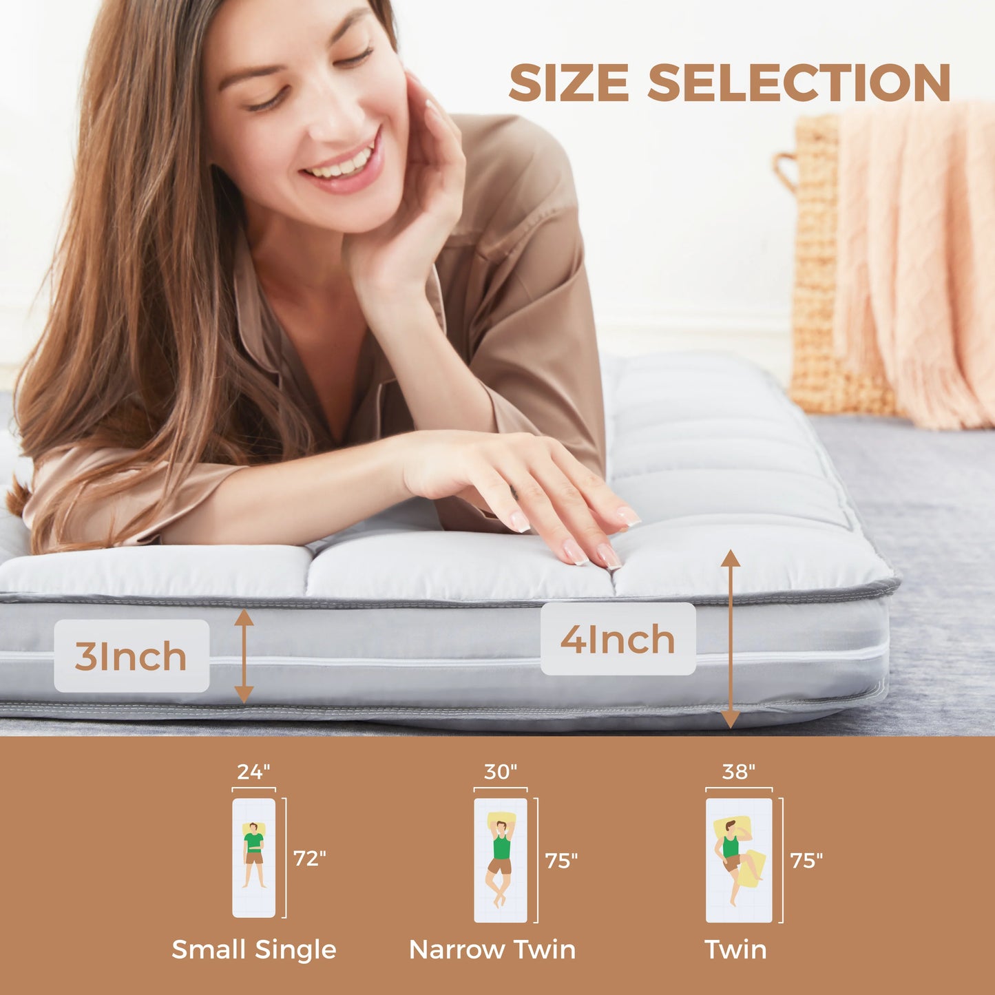 Jamdok 4Inch Floor Mattress,3-Layer Structure,Narrow Twin Size Gel Memory Foam,Removable Pillow Top Cover,Roll up Cot Mattress Topper,Portable Sleep Mat(75X30X4°)