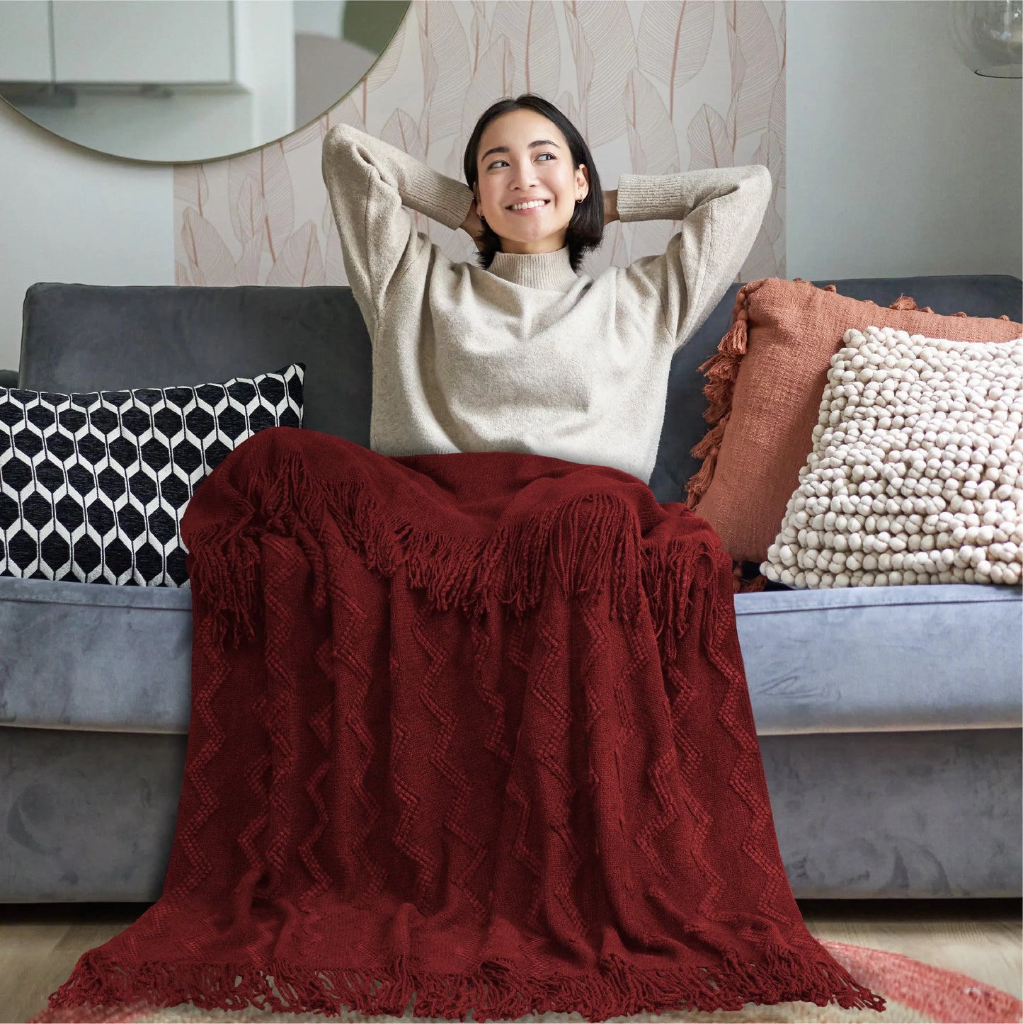 PAVILIA Maroon Red Knit Throw Blanket Couch, Soft Knitted Boho Farmhouse Home Decor Woven Throw, Cozy Decorative Afghan Bed Sofa, Outdoor Summer Fall Gift Lightweight, Burgundy Wine Cranberry, 50x60