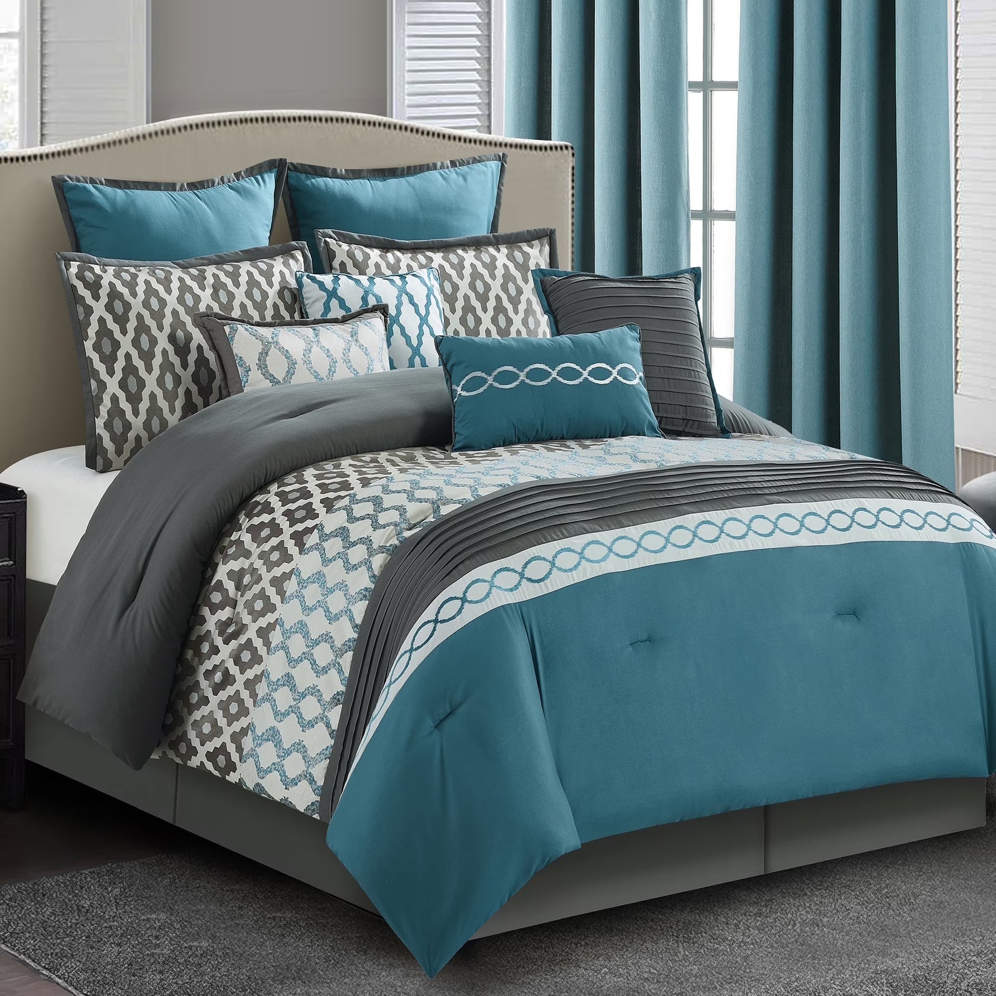 Lanco Geometirc Queen Blue Comforter Set, 12 Piece, Jacquard Bedding Comforters & Sets, Bedskirt, Pillows, Euro Shams & Curtains, Ultra-Soft