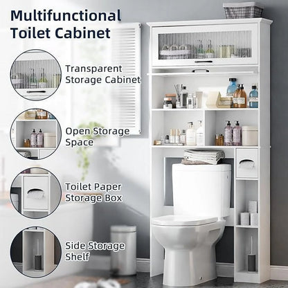 Over The Toilet Storage Cabinet with Transparent Door, Toilet Paper Storage Cabinet with Multi Layer Shelves Suitable for Bathroom, Laundry Room, Freestanding Bathroom Storage Rack,Brown