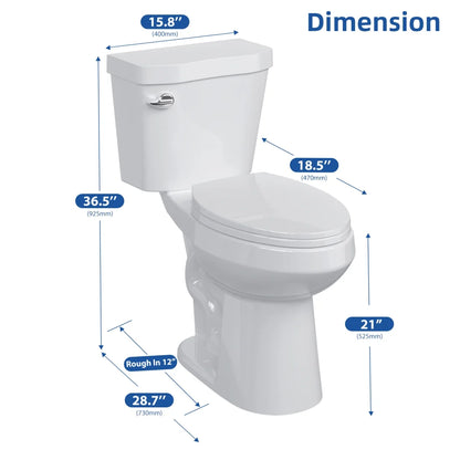 19" Toilet, Elongated Toilets for Bathrooms, Two-Piece Toilet with Soft Close Seat, 1.28 Siphonic Flush Toilet with Universal Height ADA Cotton White
