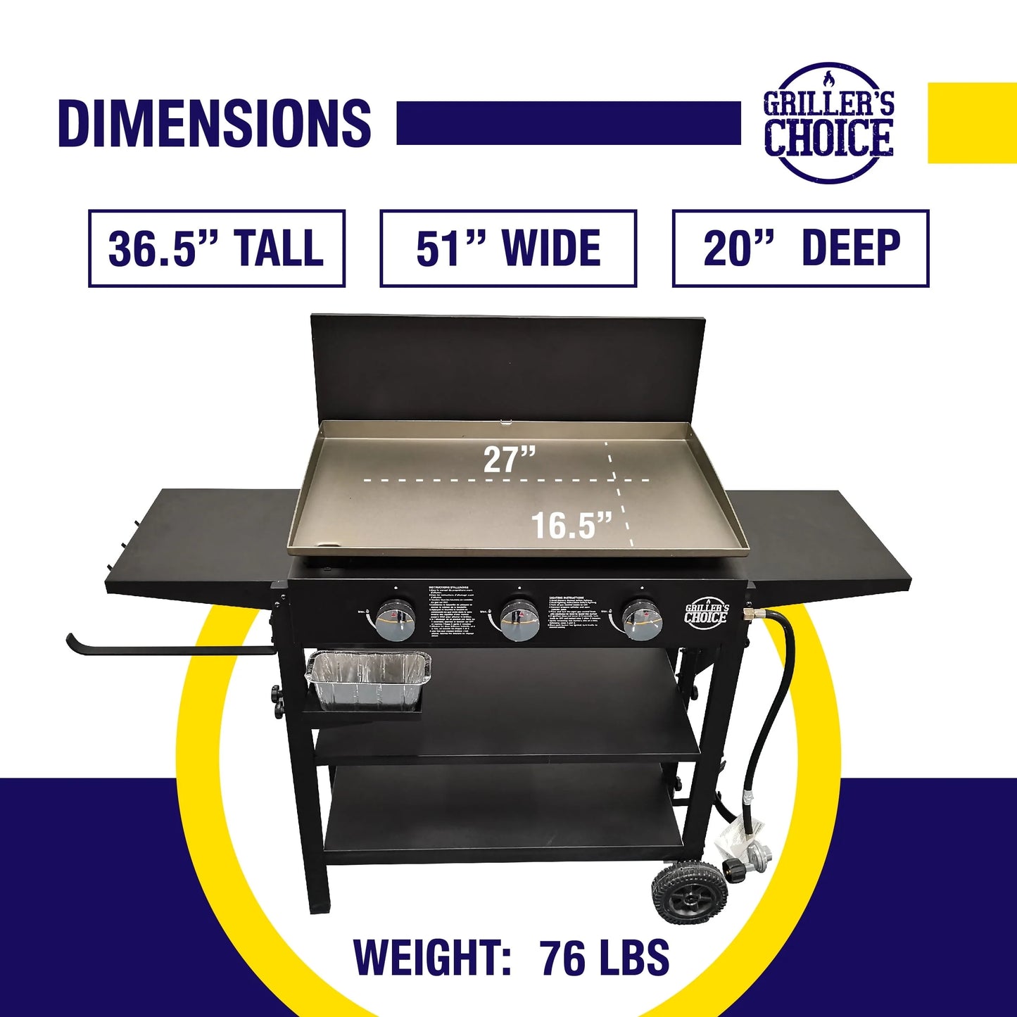 Griller's Choice Outdoor Griddle Grill Propane Flat Top - Hood Included, Large Flat Top Grill, 2-in-1 Portable, Paper Towel Holder