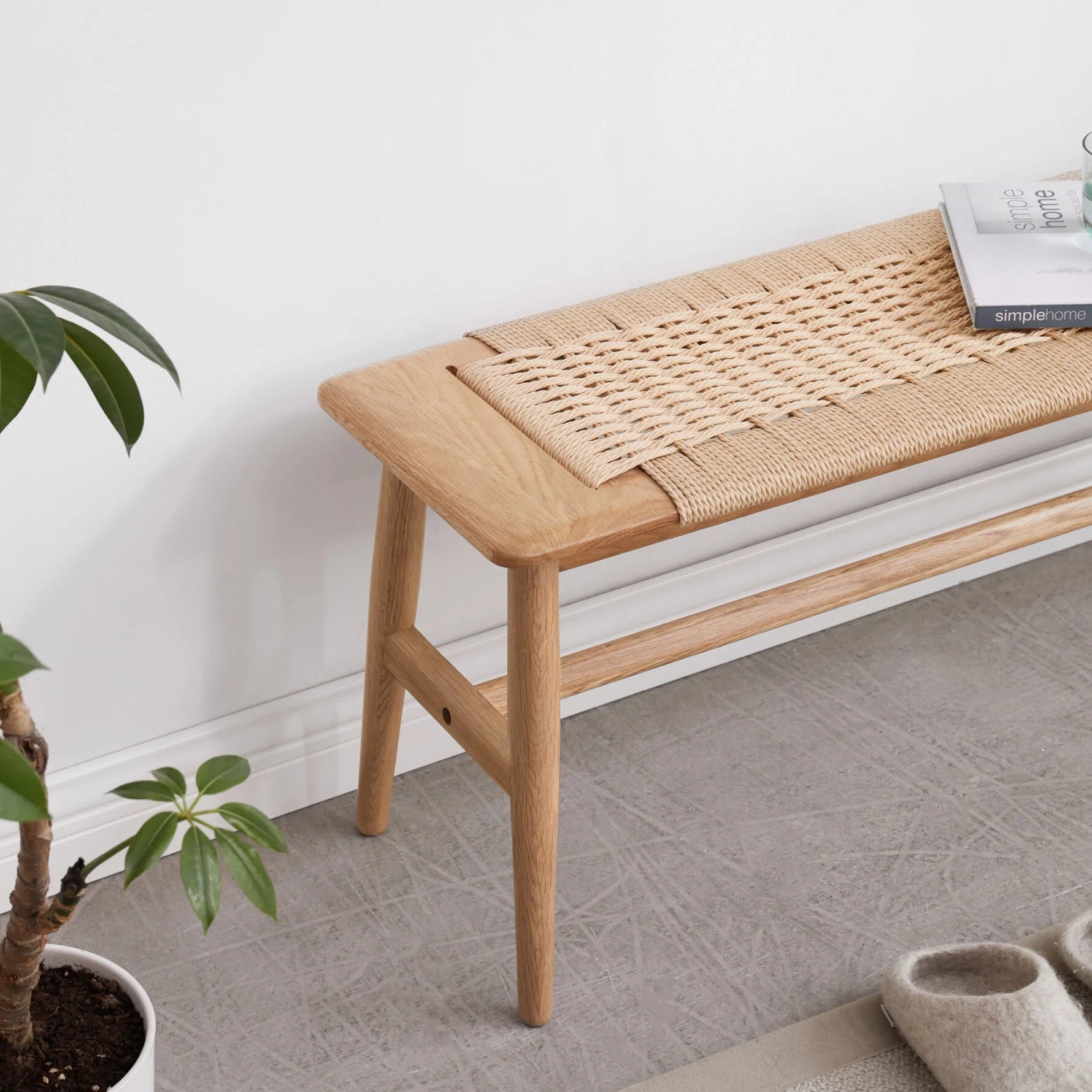 Woven Rattan Bench,Natural Oak Wood Dining Bench,Bed Bench Entryway Bench for Entryway,Dining Room,Bedroom,Bathroom