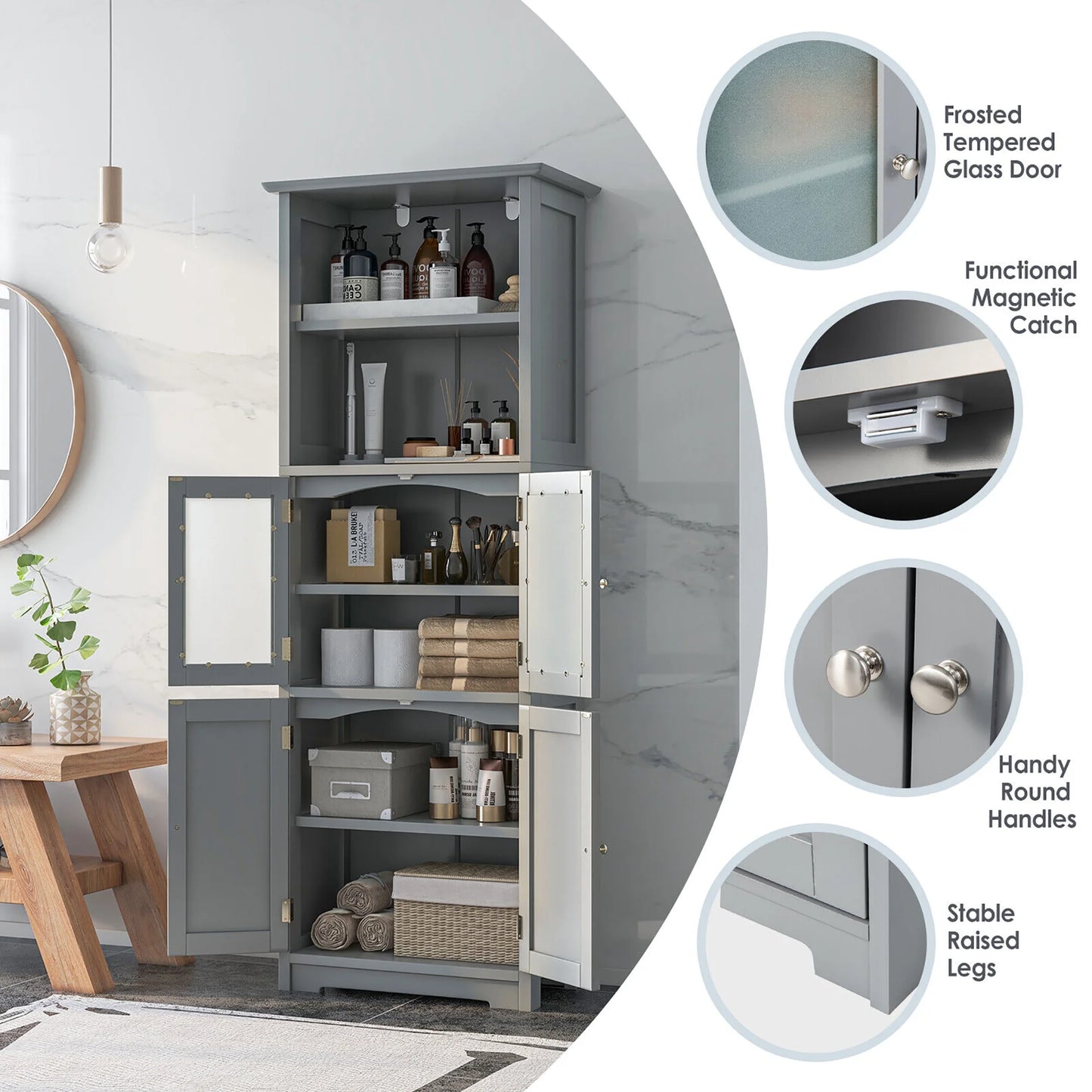 Gymax Bathroom Tall Storage Cabinet Linen Tower w/Glass Door & Adjustable Shelf Grey