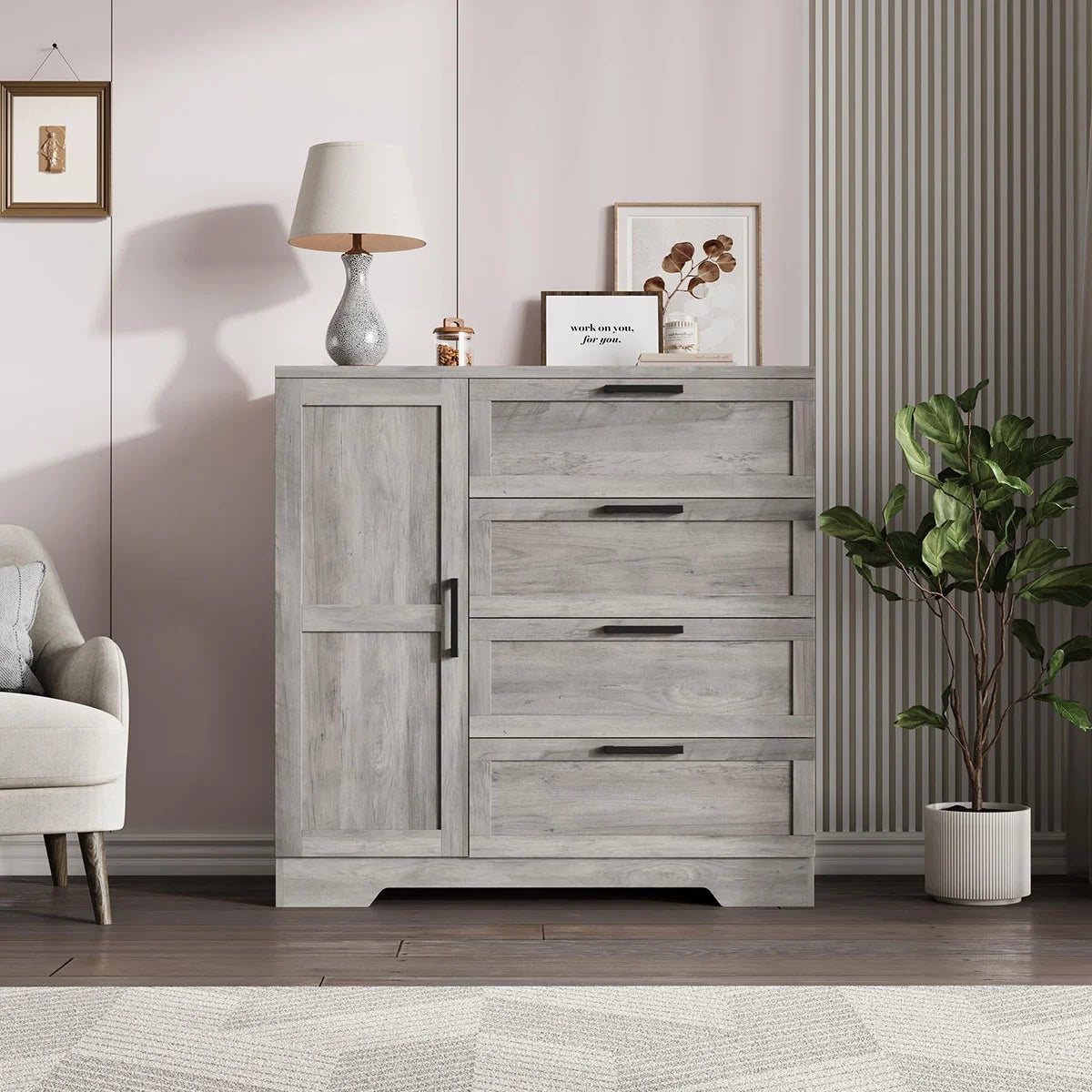 Ataucjin Wood Armoire Wardrobe Closet with 4 Drawers and Door, 43.3" H Bedroom Wardrobe Cabinet with Hanging Rod, Clothing Storage Cabinets, 4 Drawers Dresser with Storage Closet