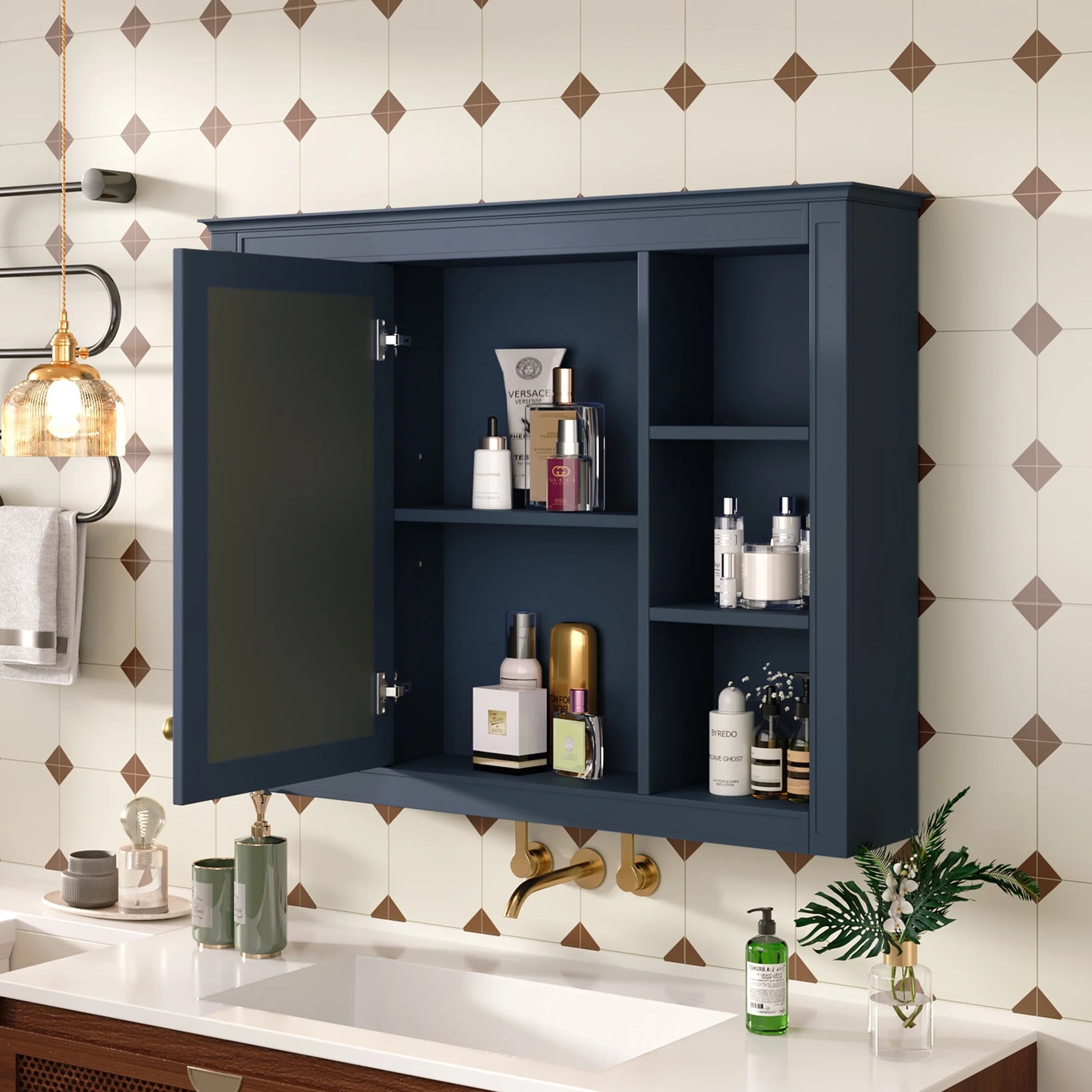 Furvclv Bathroom Wall Mirror Cabinet Modern Wall Mounted Cabinet Storage Organizer With Single Mirror Door 6 Open Shelves
