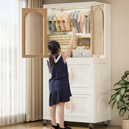PORKISS Portable Wardrobe Closet, Folding Bedroom Armoire with Wheels, Plastic Storage Basket Can be Freely Combined (1 Layer of Wardrobe + 2 Layers of Folding Boxes+10 Hangers), Cream White-57.09"H