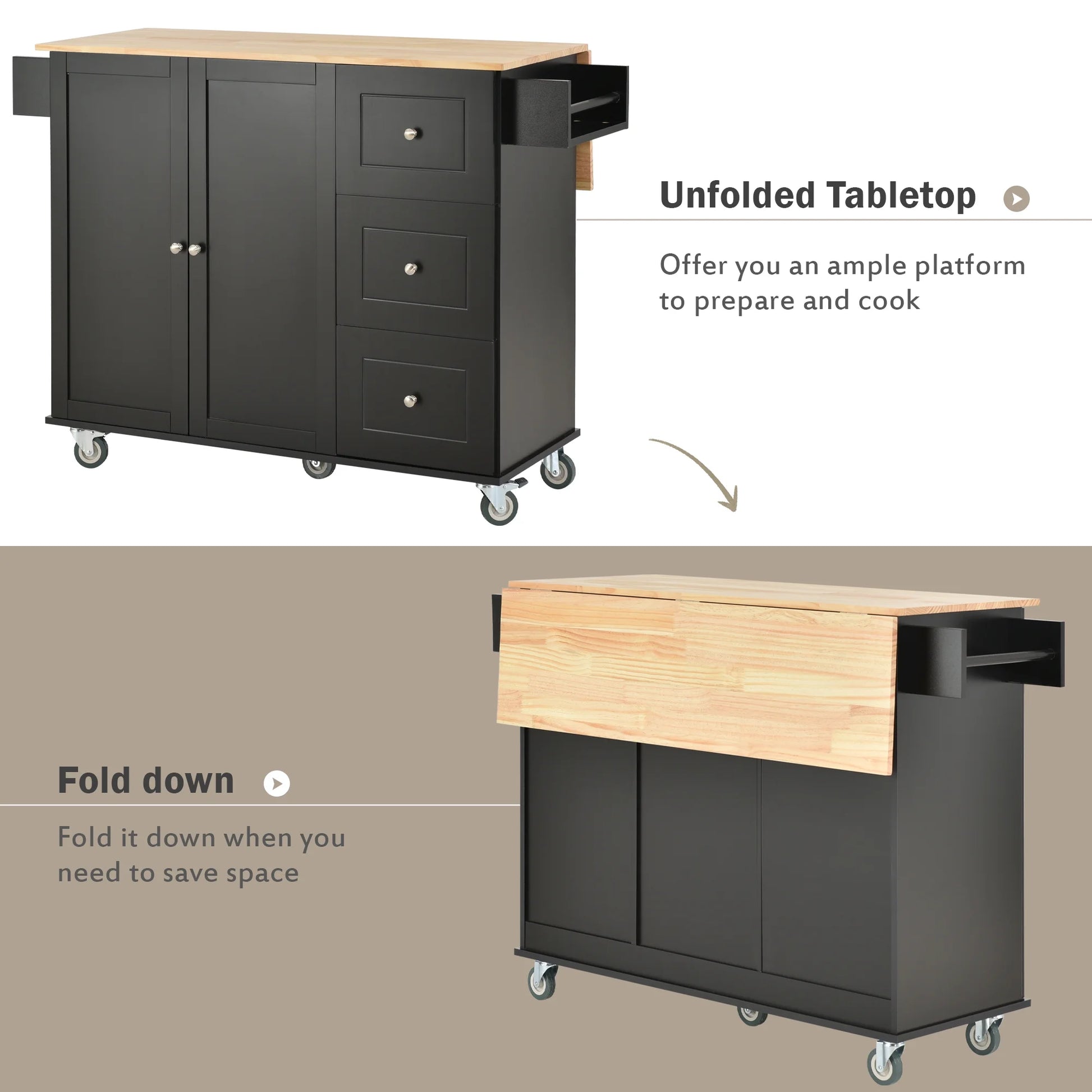 52.7" Width Rolling Mobile Kitchen Island with Solid Wood Top and Locking Wheels, Moveable Kitchen Island Cart with Storage Cabinet, Drop Leaf Breakfast Bar, Spice Rack, Towel Rack, Drawer