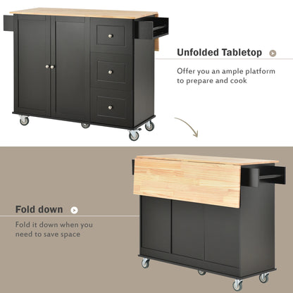52.7" Width Rolling Mobile Kitchen Island with Solid Wood Top and Locking Wheels, Moveable Kitchen Island Cart with Storage Cabinet, Drop Leaf Breakfast Bar, Spice Rack, Towel Rack, Drawer