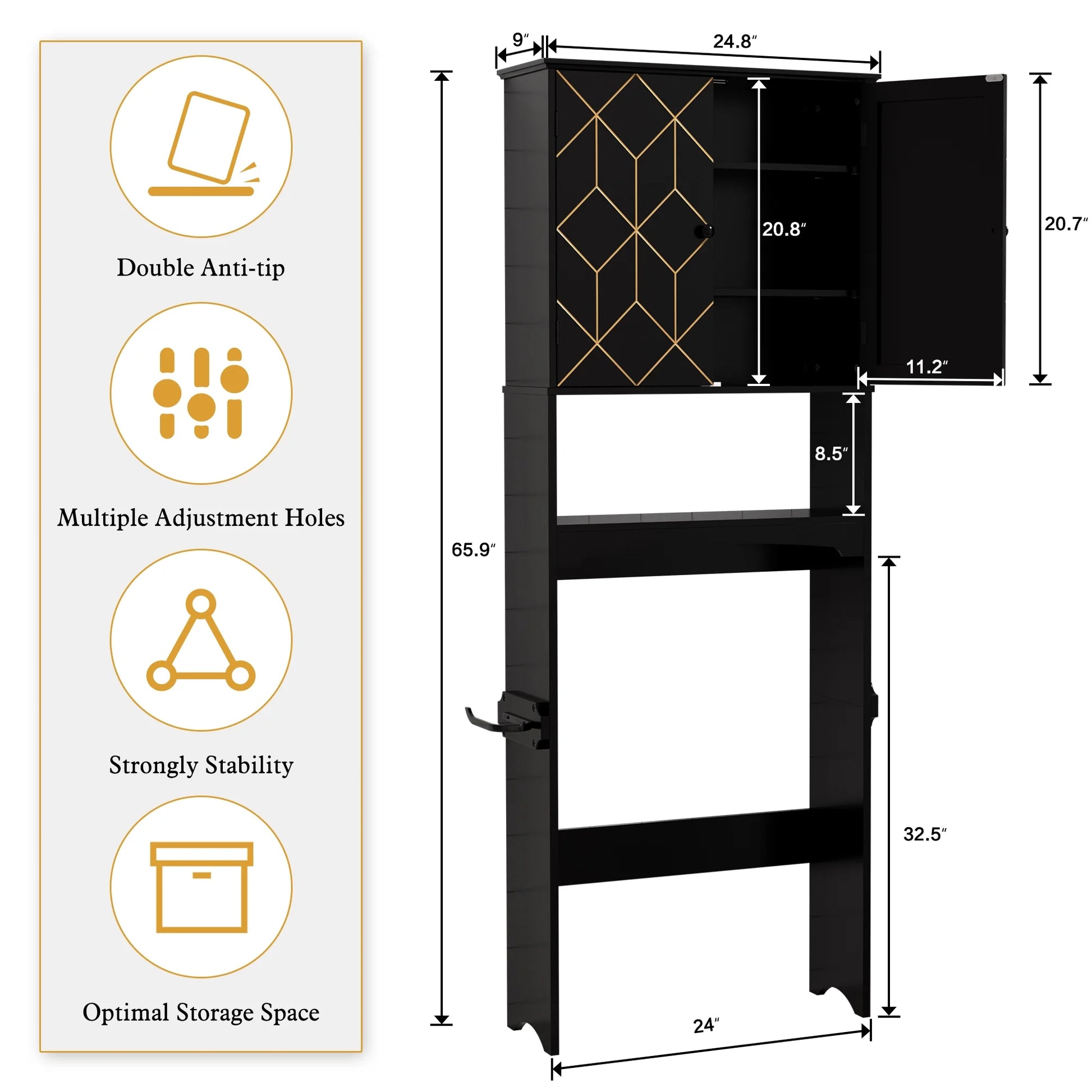 HLR Over The Toilet Storage Cabinet, Bathroom Above Toilet Storage Cabinet with Doors and Adjustable Shelves, Black