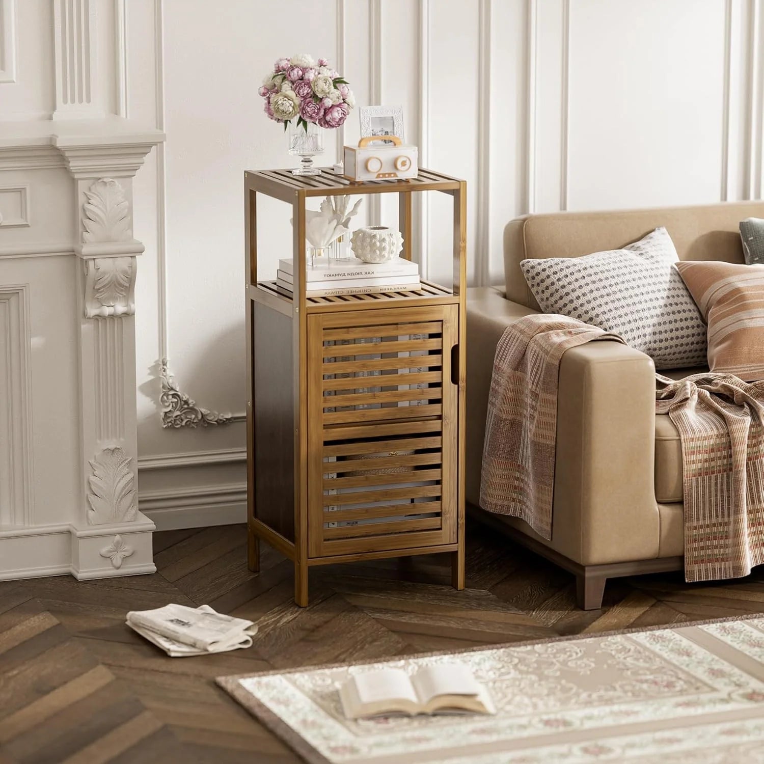 Bathroom Cabinet, Bamboo Floor Cabinet Free Standing, 4 Tier Sofa Side Storage Cupboard for Living Room Kitchen Bedroom