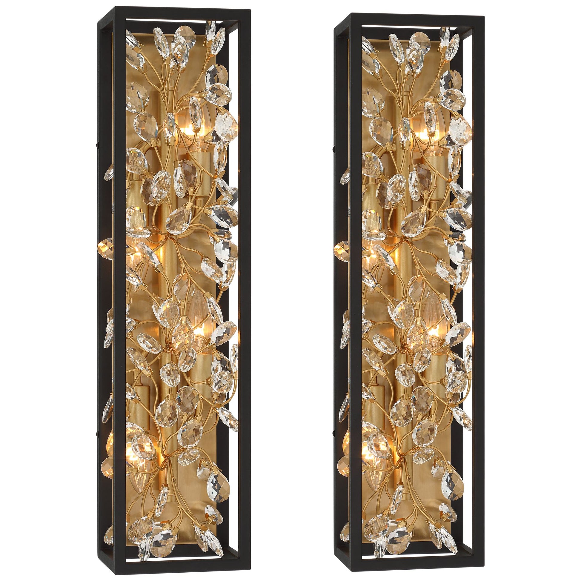 Possini Euro Design Modern Wall Lights Set of 2 Black Gold Plated Hardwired 6" 4-Light Fixture Clear Crystal Flower Vine for Bedroom Bathroom Vanity