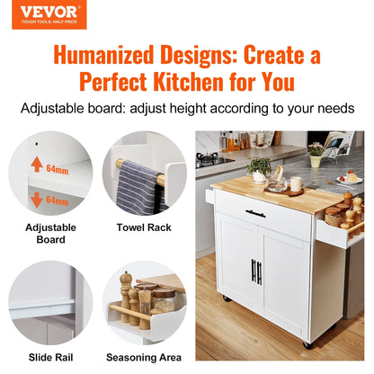 VEVOR Kitchen Island Cart with Solid Wood Top, 35.4" Width Mobile Carts with Storage Cabinet, Rolling Kitchen Table with Spice Rack, Towel Rack, Drop Leaf and Drawer