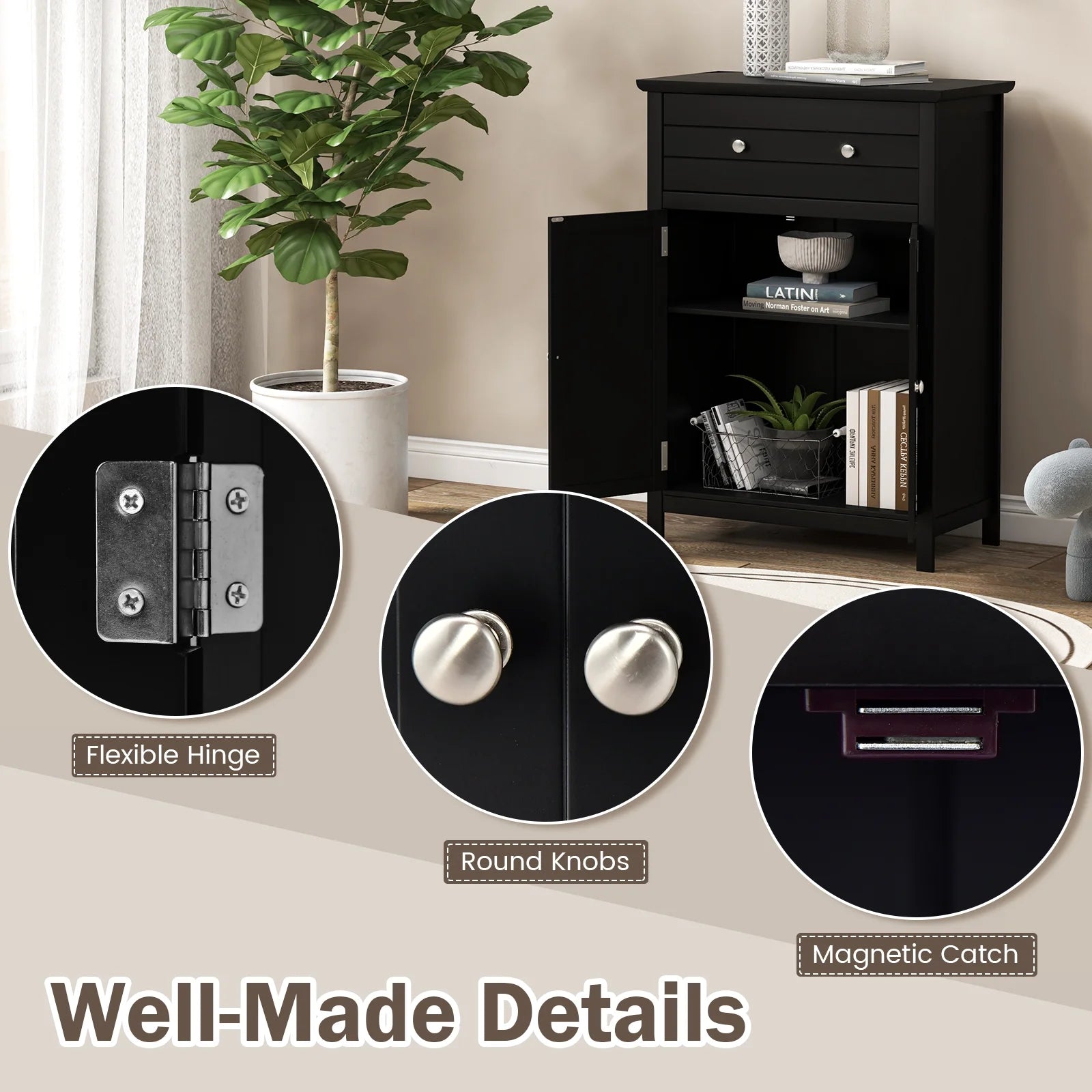 Topbuy Freestanding Bathroom Storage Cabinet Floor Cabinet with Drawer Doors and Adjustable Shelf for Storage Black