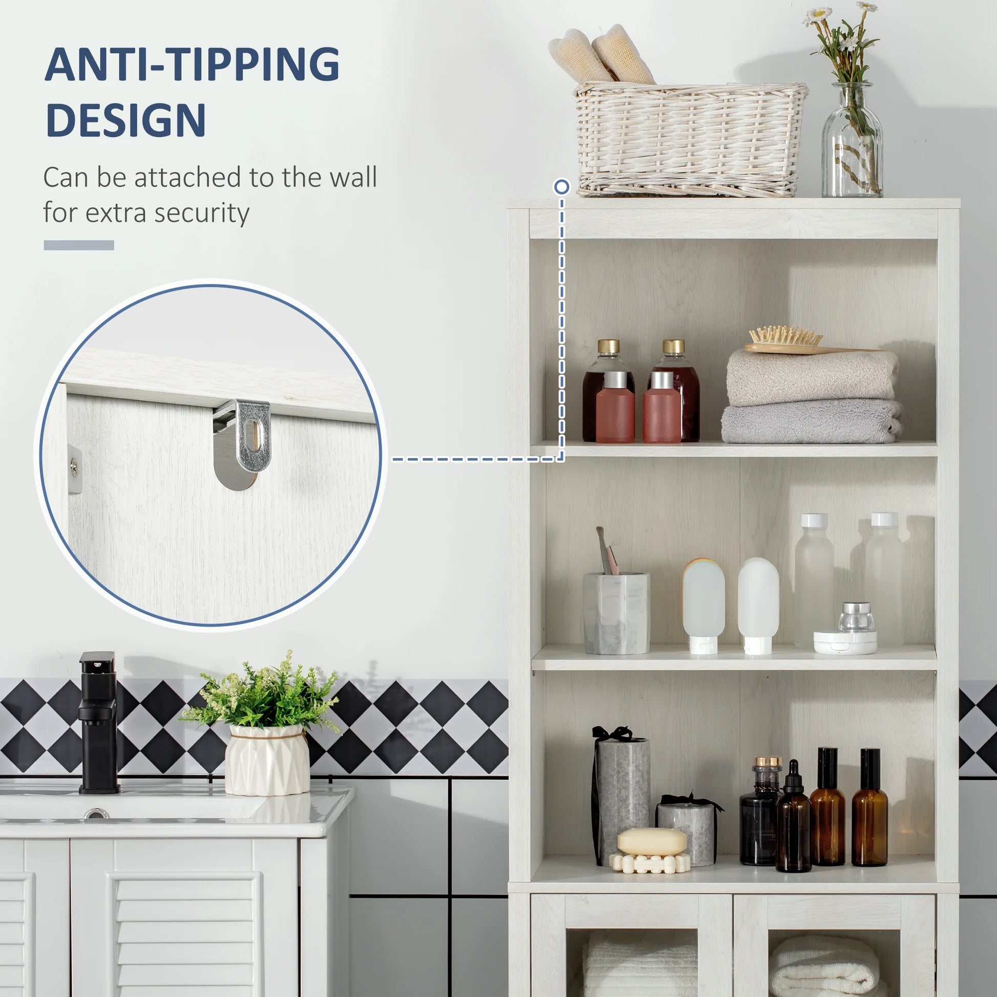 kleankin Tall Bathroom Storage Cabinet with 3 Tier Shelf, Glass Door Cabinet, Freestanding Linen Tower with Adjustable Shelves, Antique White