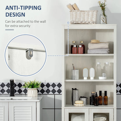 kleankin Tall Bathroom Storage Cabinet with 3 Tier Shelf, Glass Door Cabinet, Freestanding Linen Tower with Adjustable Shelves, Antique White