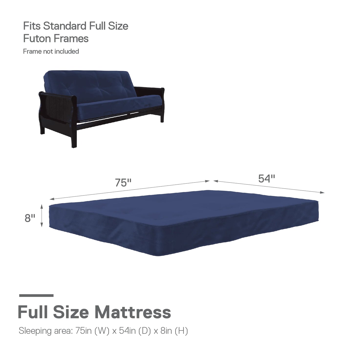 DHP Caden 8 Inch Futon Mattress with Tufted Cover and Recycled Polyester Fill, Full, Blue