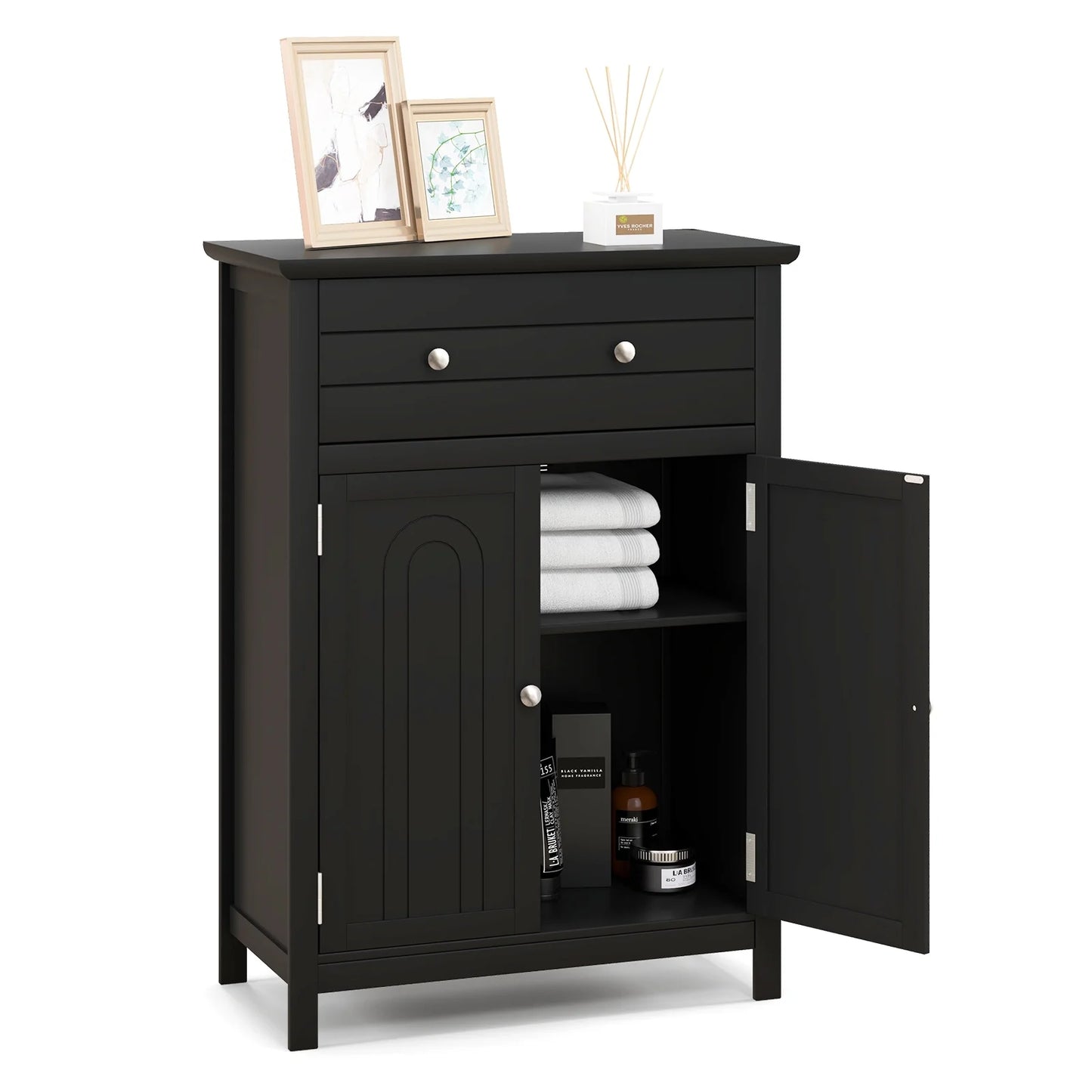 Topbuy Freestanding Bathroom Storage Cabinet Floor Cabinet with Drawer Doors and Adjustable Shelf for Storage Black