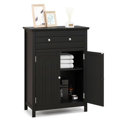 Topbuy Freestanding Bathroom Storage Cabinet Floor Cabinet with Drawer Doors and Adjustable Shelf for Storage Black