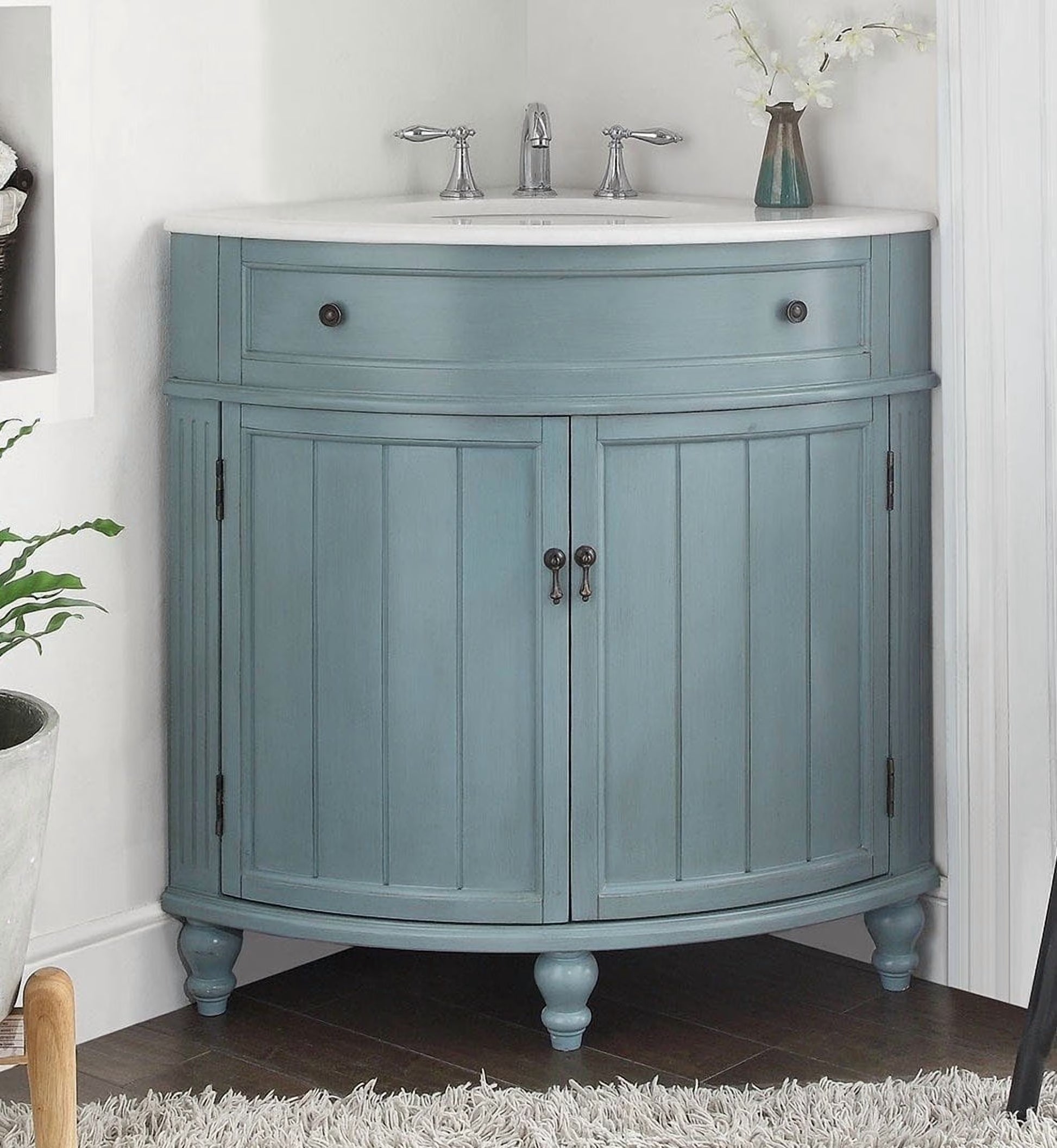Tennant Brand 24" Navy Blue Corner Bathroom Vanity with White Quartz Top