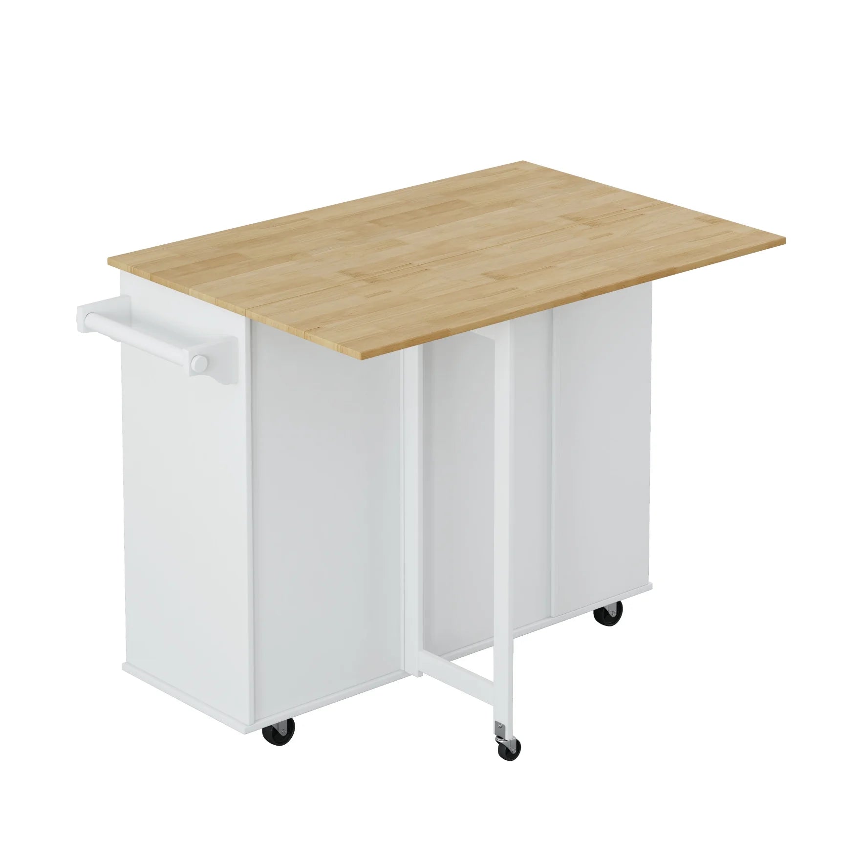 Movable Kitchen Island Cart with 2 Door Cabinet, 2 Drawers and Drop Leaf Top, Island Table with Spice Rack, Towel Holder, Wine Rack and Wheels, Kitchen Storage Cabinet, White
