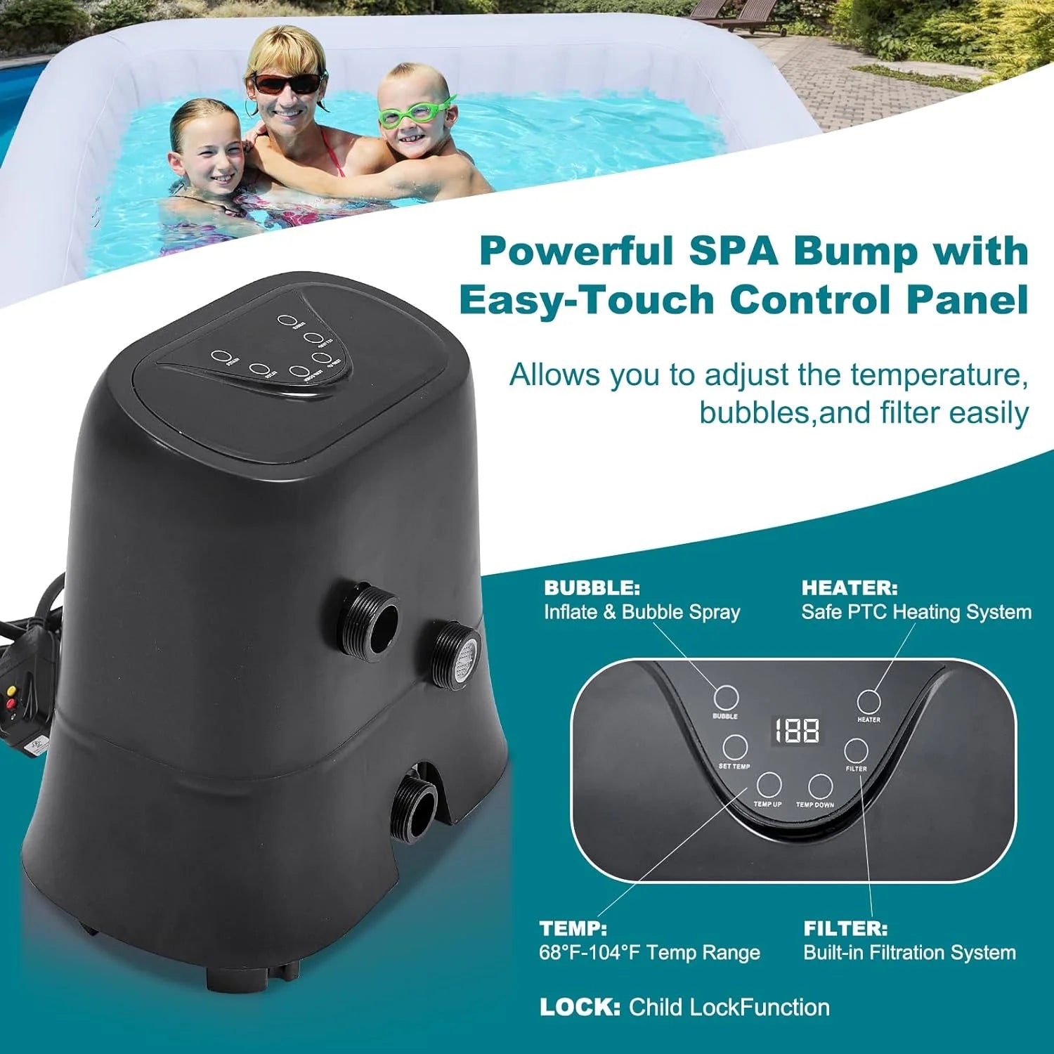 73" X 73" X 25" Inflatable Hot Tub for 4-6 Person Square, 240 Gallon Large Portable Hottub Spa with 130 Bubble Air Jets, Blow Up Spa Bathtub with LED Control Panel, 2 Filter, Temperature up to 104° F
