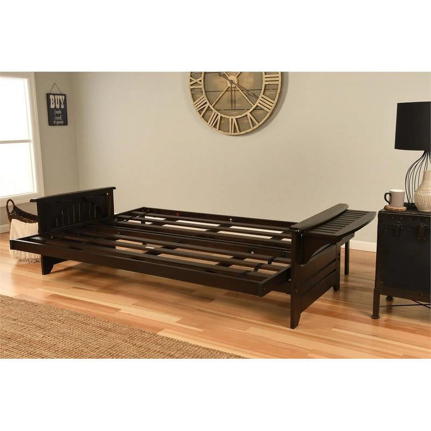 Bowery Hill Queen-size Espresso Wood Futon-Linen Charcoal Mattress