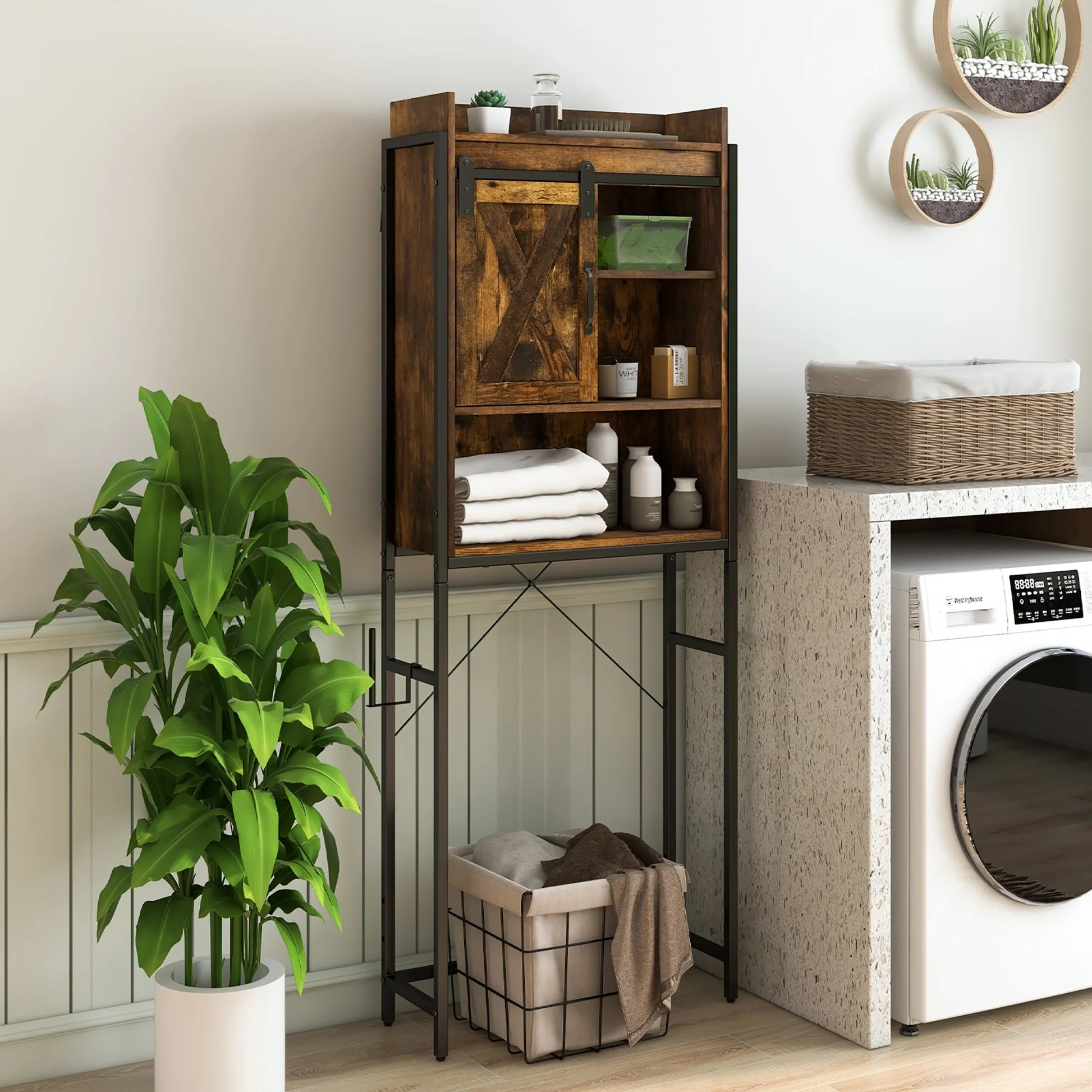 Gymax Over-The-Toilet Storage Cabinet Freestanding 4-Tier Bathroom Organizer Rack w/Adjustable Shelf Rustic Brown