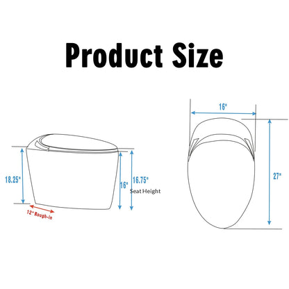 WinZo Smart Toilet with Bidet Seat, Elongated Egg Shaped Modern Design, Auto Open and Flush, Adjusted Heated Seat, Warm Water and Dryer, Night Light, Side Buttons, Matte Black