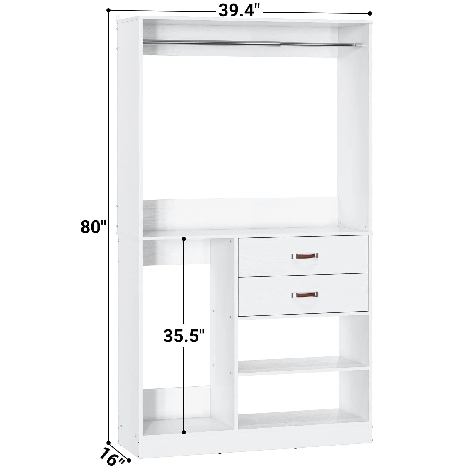 Homieasy Freestanding Closet System with Suitcase Storage, 40 Inches Stand-alone Wardrobe with 2 Wood Drawers, 80'' Height Adjustable Cloth Garment Rack, Walk-in Closet with Hanging Rod, White