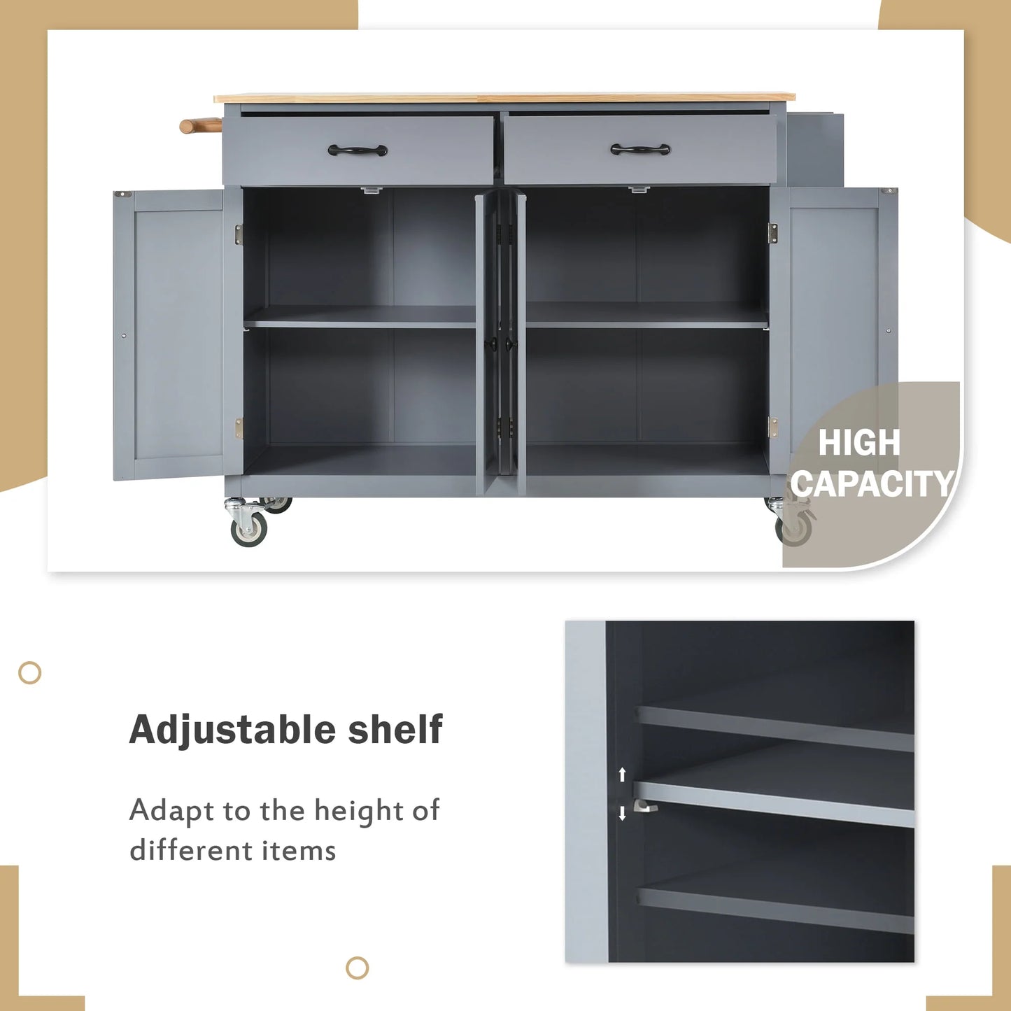 Harper & Bright Designs Rolling Kitchen Island Cart with Solid Wood Top and Locking Wheels, 4 Door, Storage Cabinet and Two DrawersSpice Towel Rack, Blue