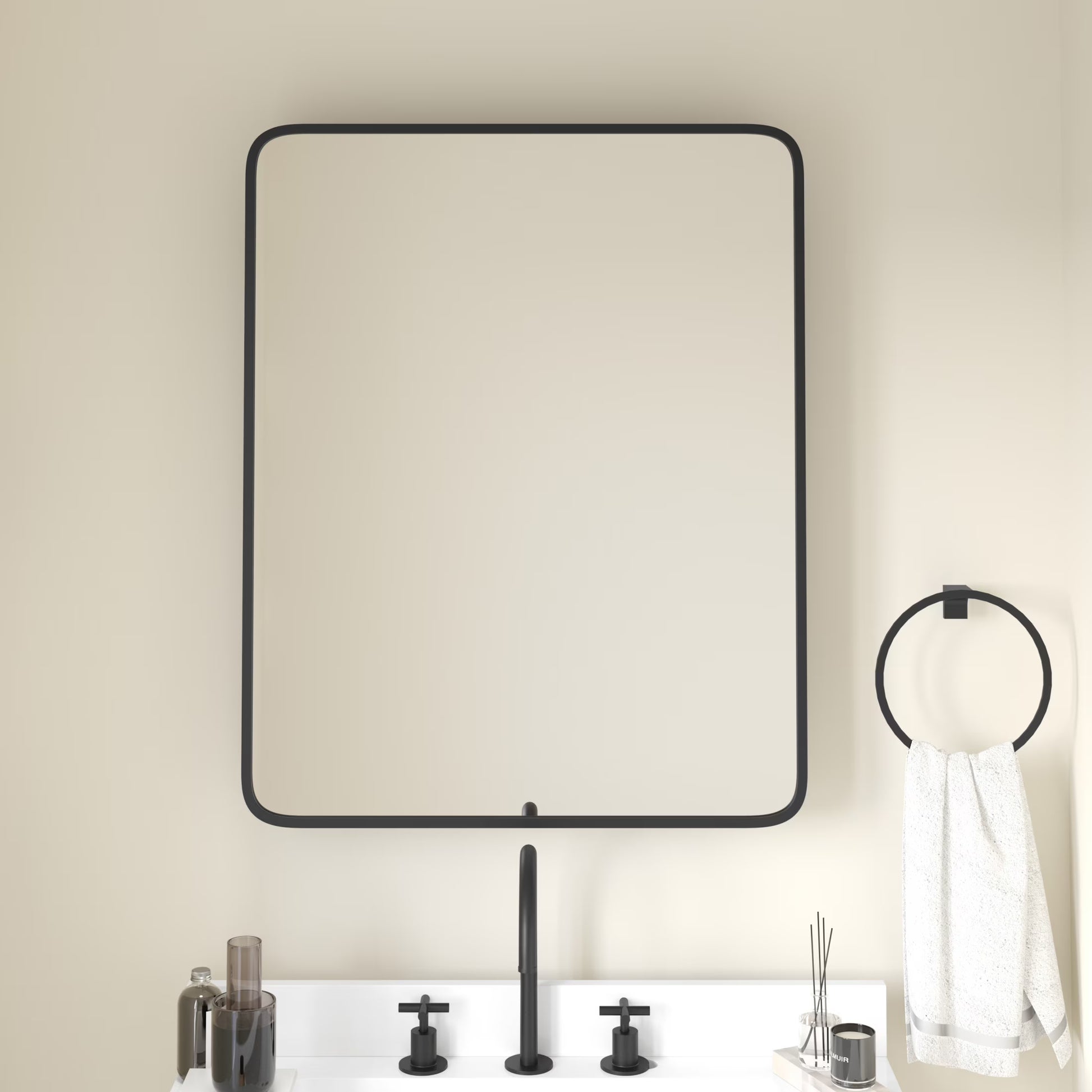 Emma + Oliver Black Metal Framed Bathroom Medicine Cabinet with Reversible, Recessed Design and Beveled Rounded Mirror - 24" x 30"