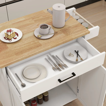 Rolling Kitchen Island with Solid Wood Top & Pull-out Drawer, Kitchen Trolley Cart with Spice Rack & Towel Rack & Storage Pantry Cabinet with Adjustable Shelf, Kitchen Island Cart on Wheels, White