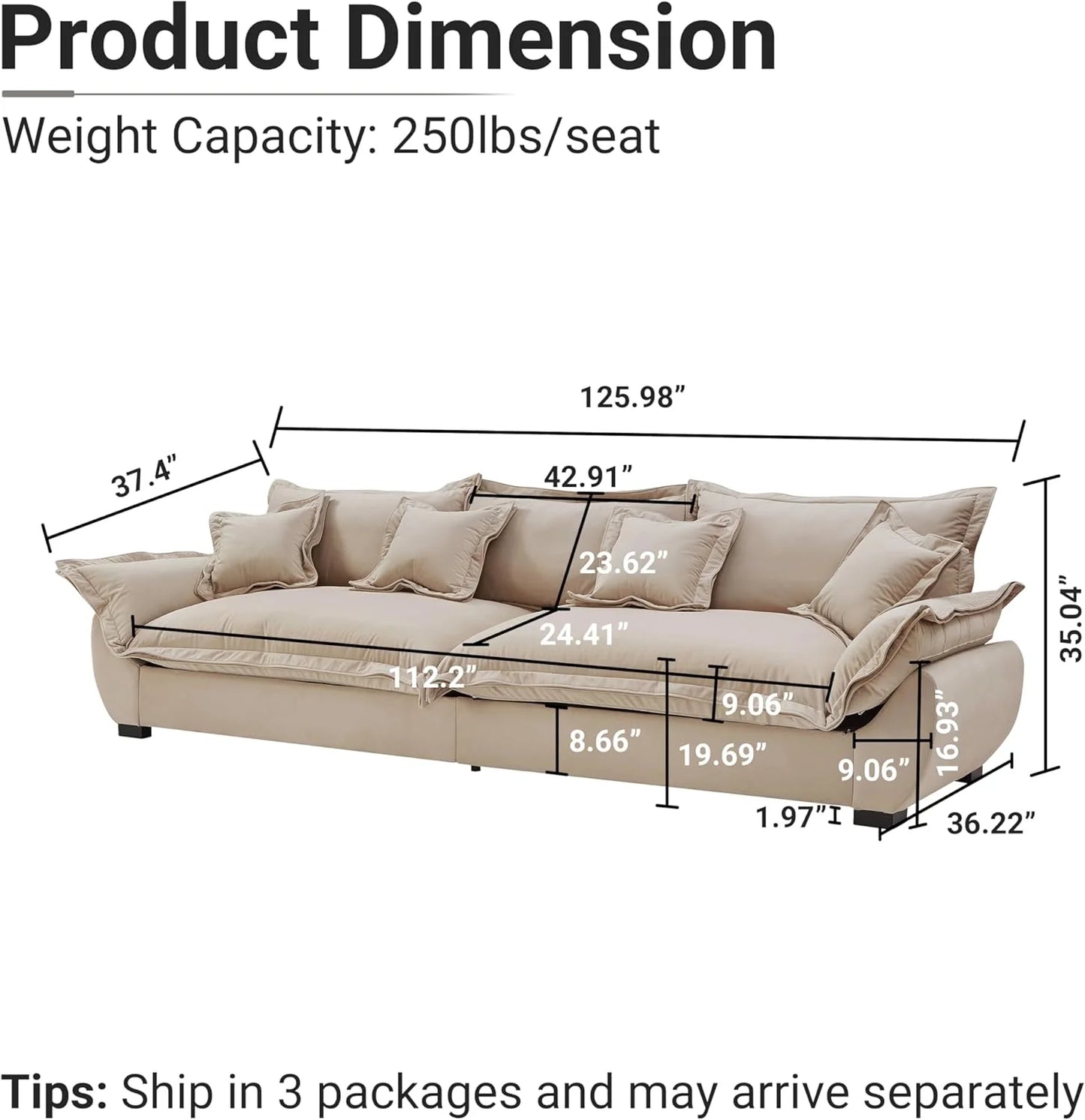 125.98 Inch Sailing Design Modular Sectional Cloud Sofa with Storage, Modern Deep Seat Couch w/Throw Pillows & Removable Backrest for Living Room Bedroom Apartment,Grey