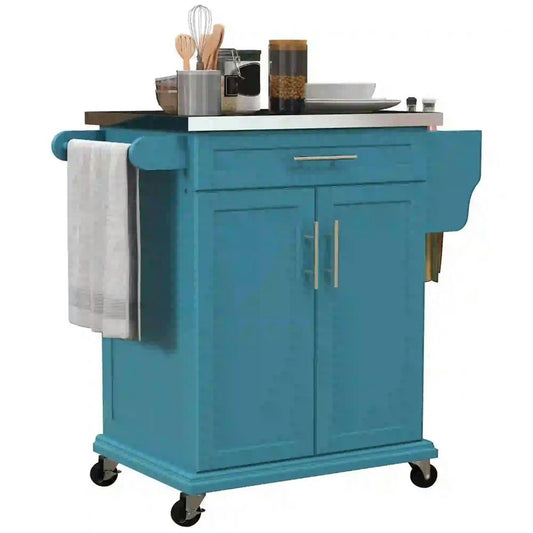 Finihen 35" Kitchen Island Cart on Wheels with Stainless Steel Top, Rolling Dining Room Serving Utility Carts Mobile Movable with Towel Rack, Blue